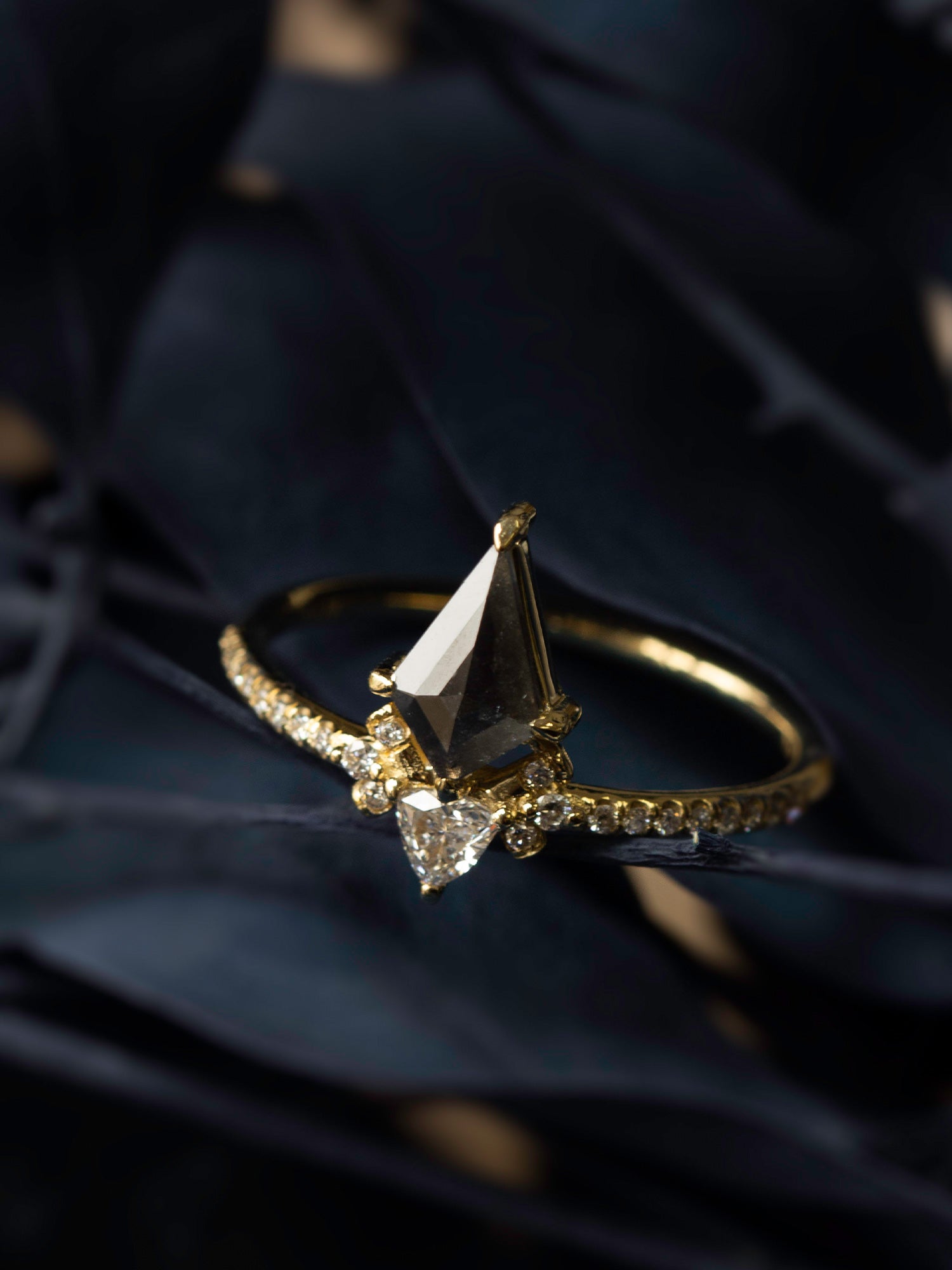 kite elongated salt and pepper diamond fine jewelry engagement ring proposal ring wedding jewelry art deco fine jewelry