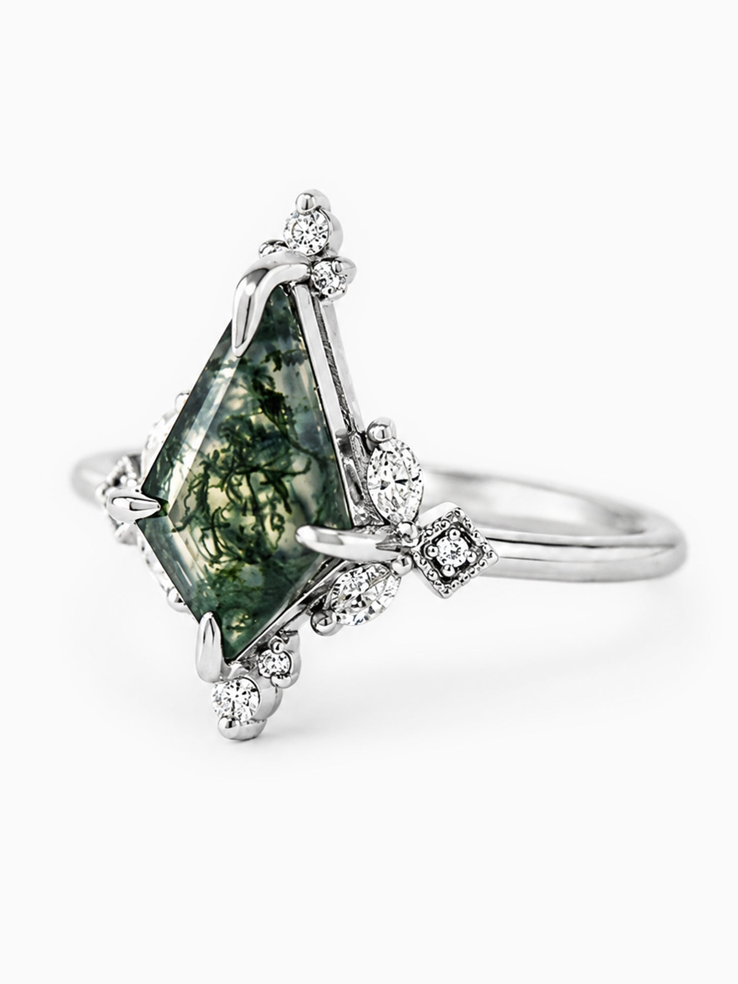 Moss agate Kite engagement ring unique art deco fine jewelry modern wedding ring