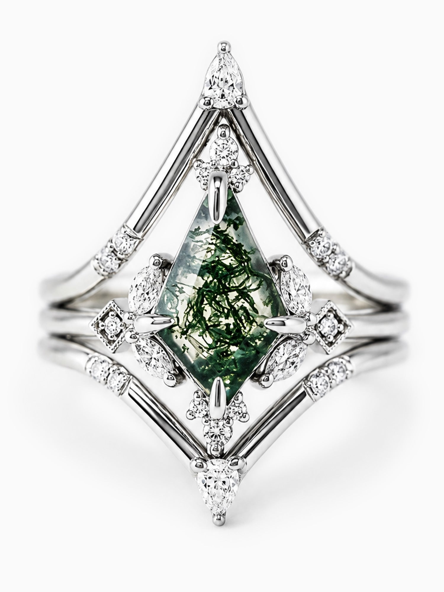 Moss agate Kite engagement ring diamond stacking rings matching band fine jewelry