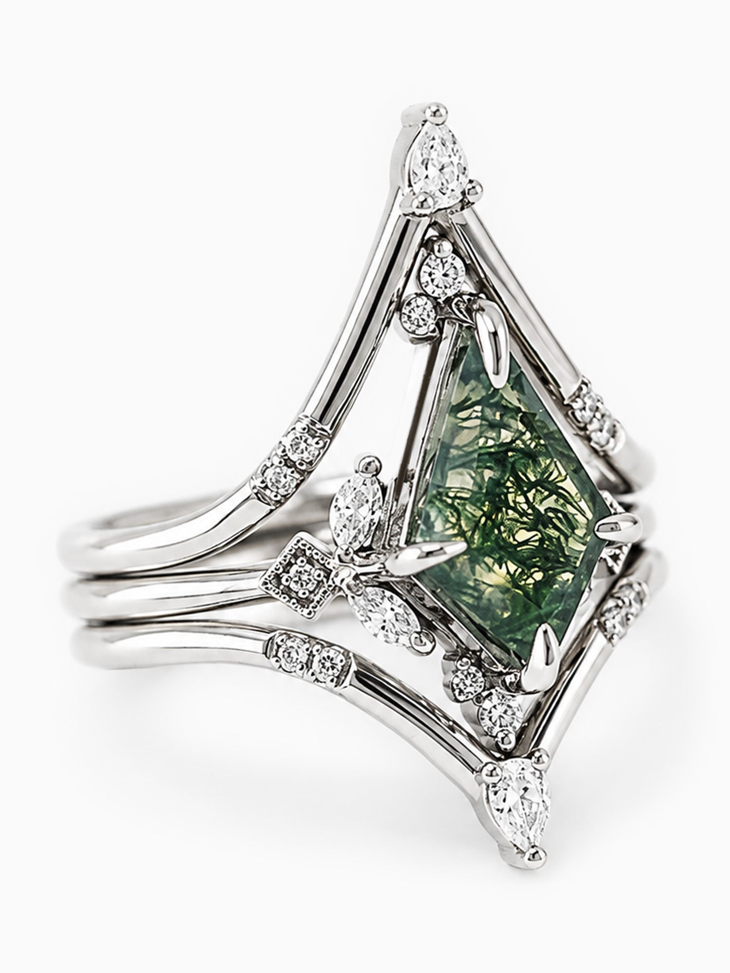 Moss agate engagement ring diamond fine jewelry wedding ring unique art deco ring architectural rings
