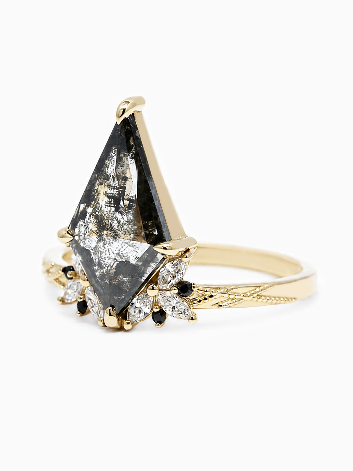 Unique one of a kind proposal ring wedding ring salt and pepper diamond kite wedding ring