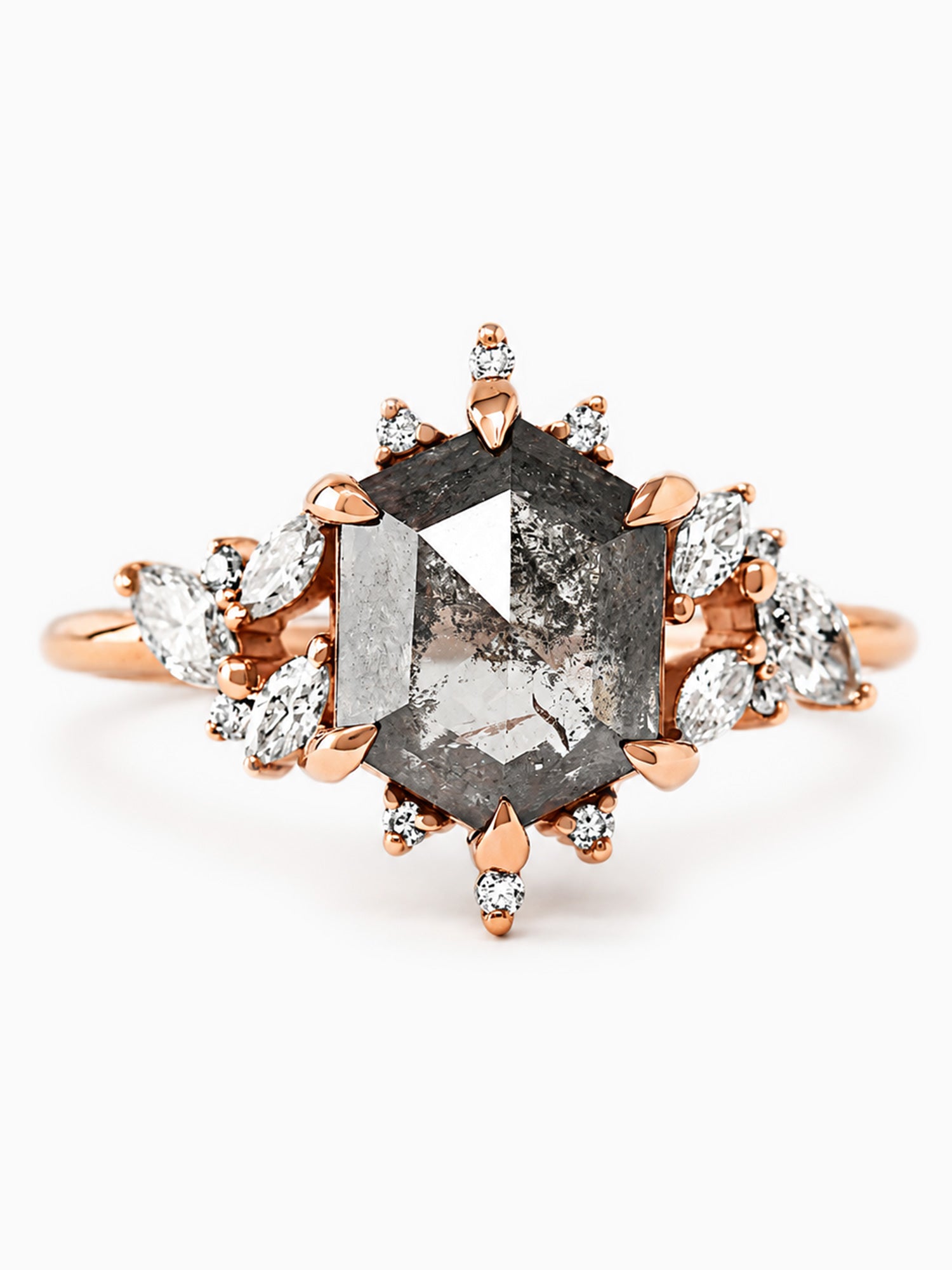 Salt and pepper hexagon diamond engagement ring rose gold fine jewelry diamond wedding ring