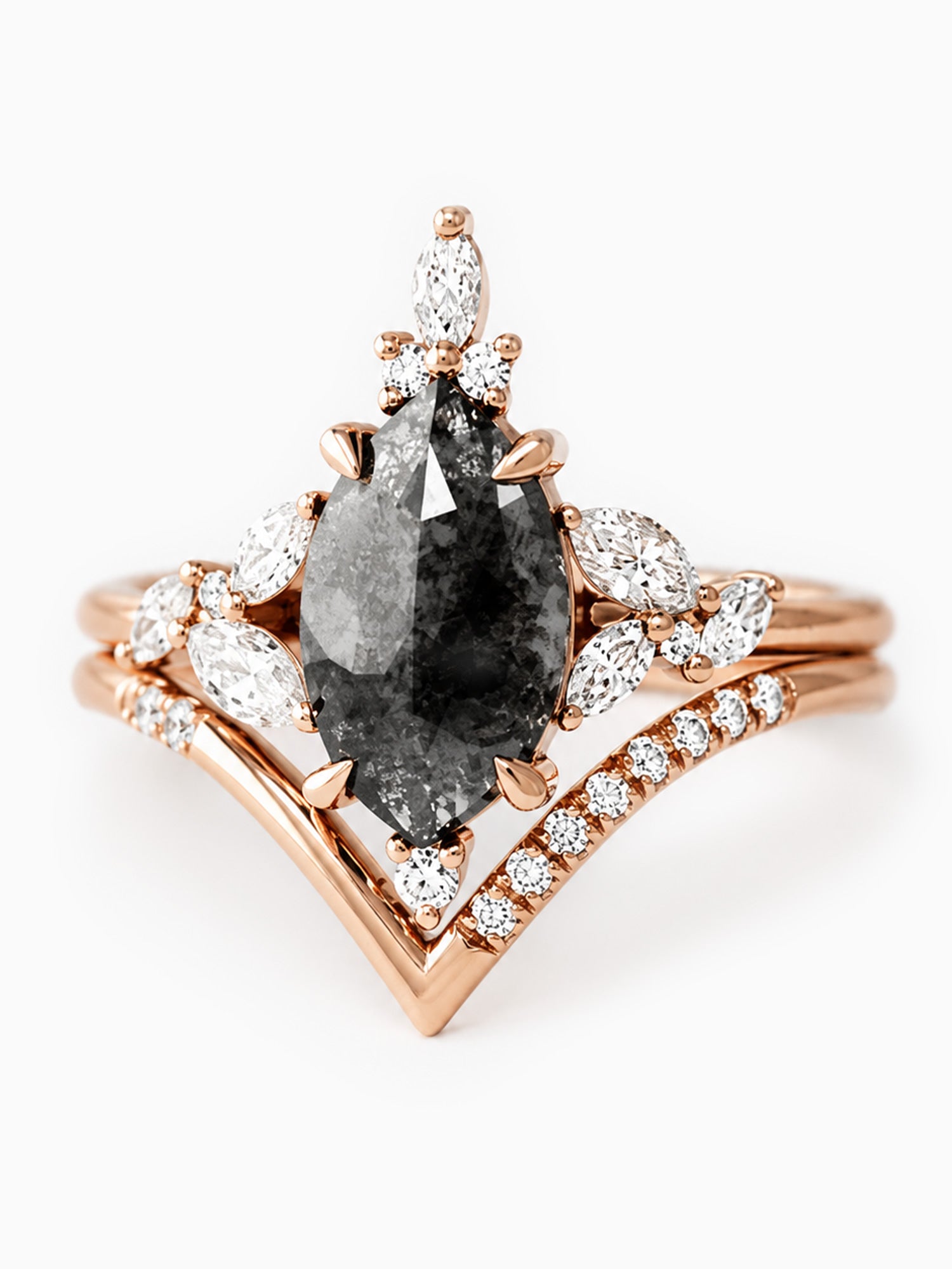 Marquise salt and pepper diamond wedding ring set 14k rose gold diamond pave ring