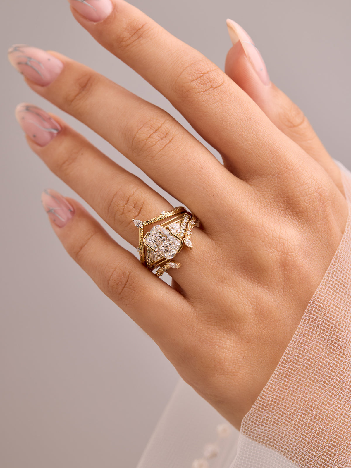 White Emerald Shape Diamond engagement ring proposal ring stacking rings layered fine jewelry Architectural fine jewelry design
