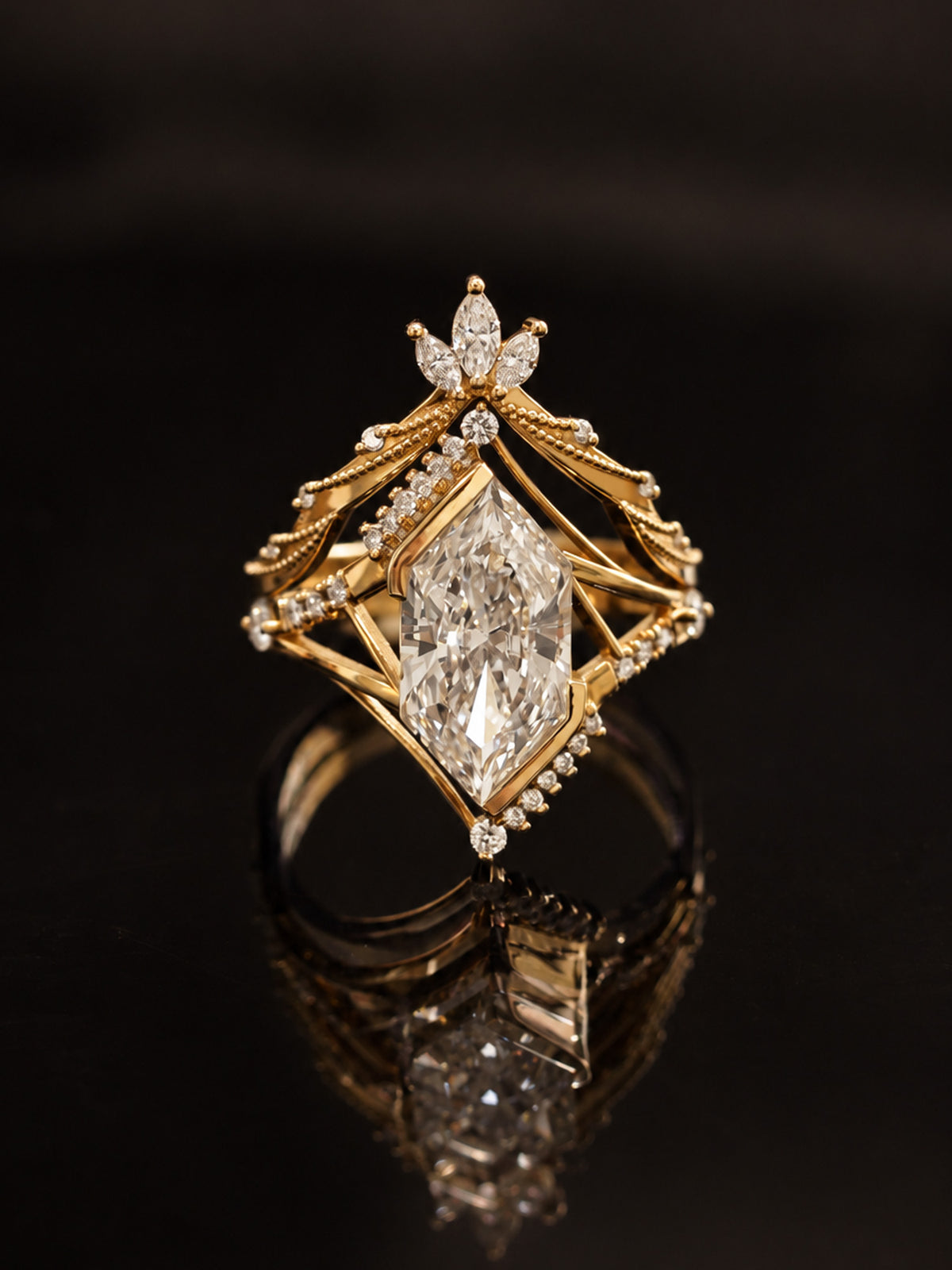 Hexagon Duchess Cut oval engagement ring unique modern art deco engagement ring wedding ring set diamond matching bands