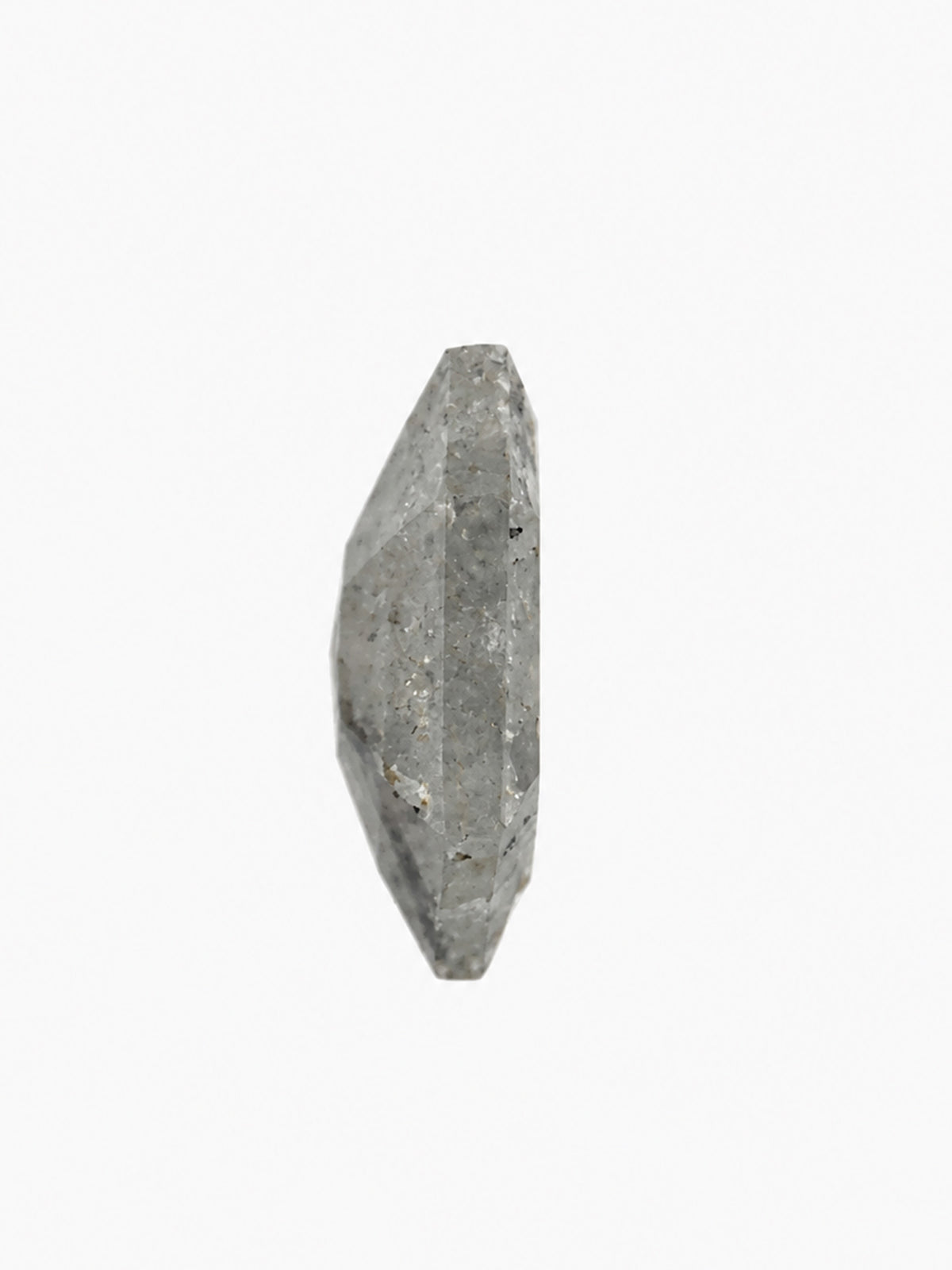 A single gray faceted crystal or stone specimen shown upright against a plain white background.