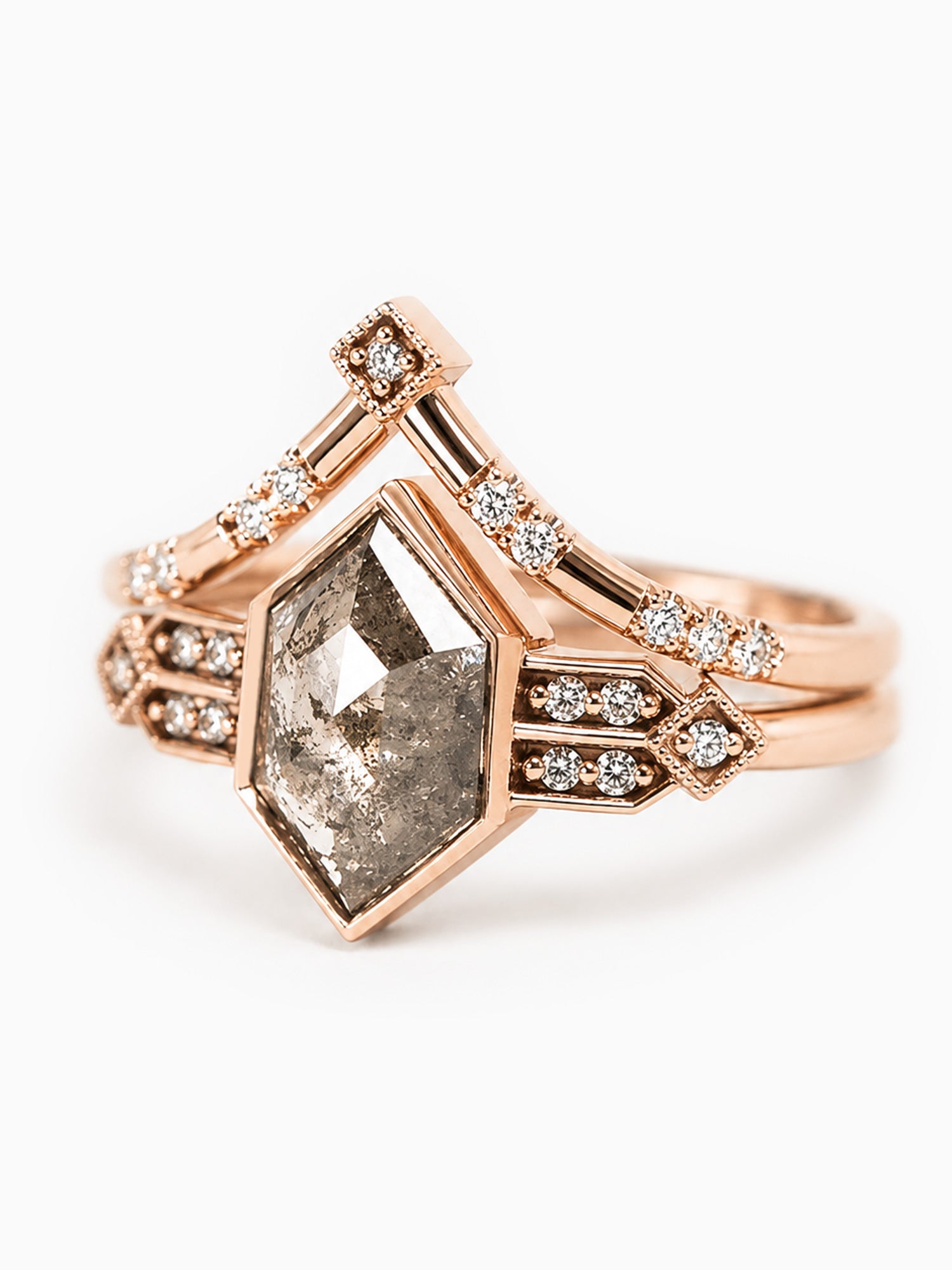 rose cut salt and pepper diamond 14k rose gold ring set 