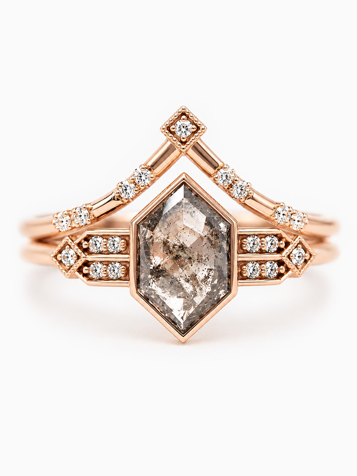 Hexagon rose cut fine jewelry salt and pepper diamond 14k rose gold diamond wedding ring set 