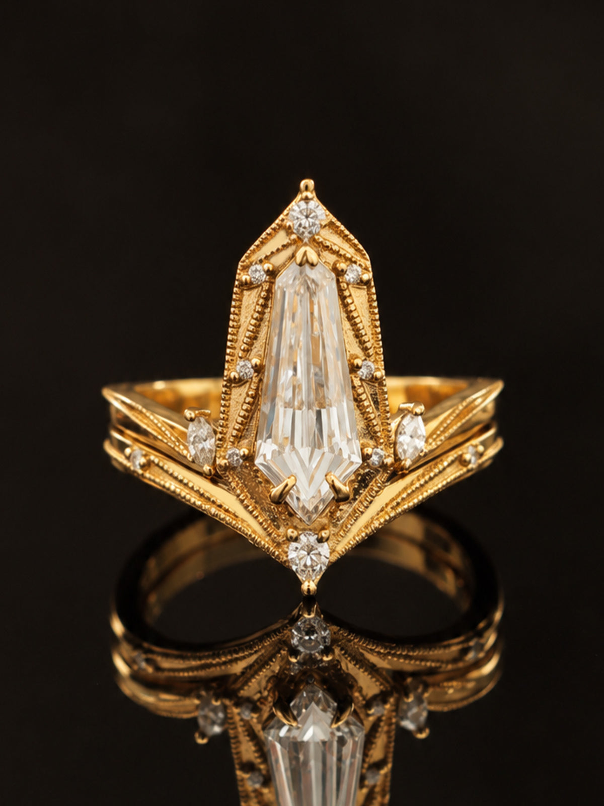 White Shield Engagement Ring Milgrain detailed wedding ring bridal fine jewelry unique art deco modern ring 