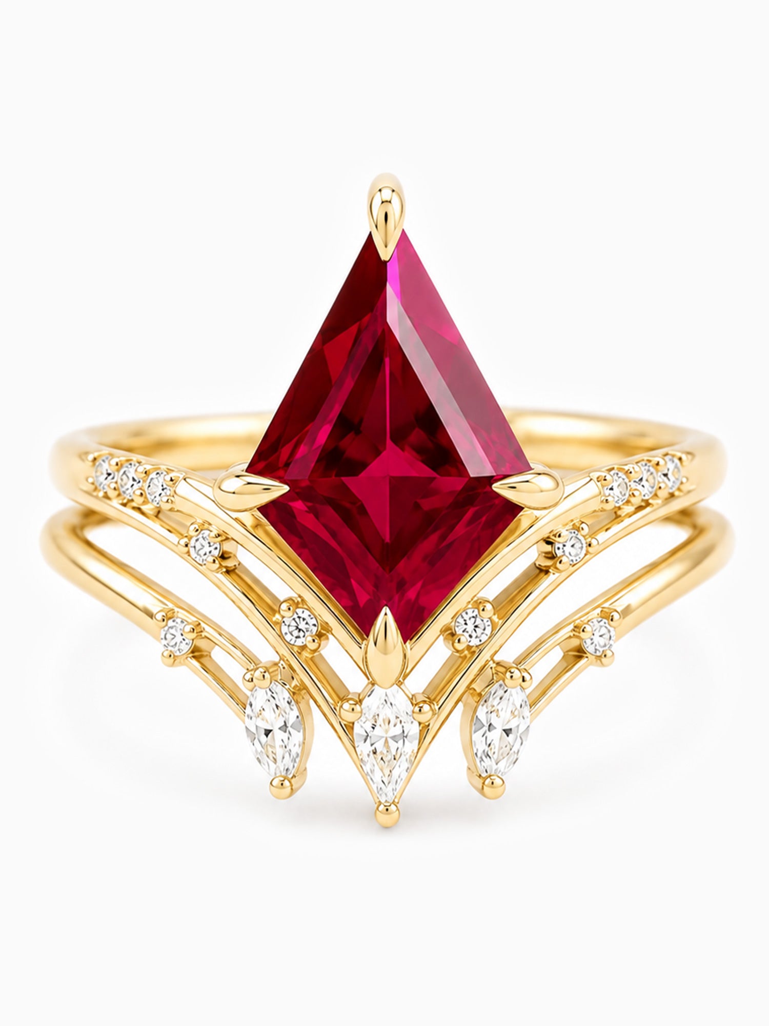 Kite ruby engagement ring wedding ring set fine jewelry modern art deco bridal jewelry set