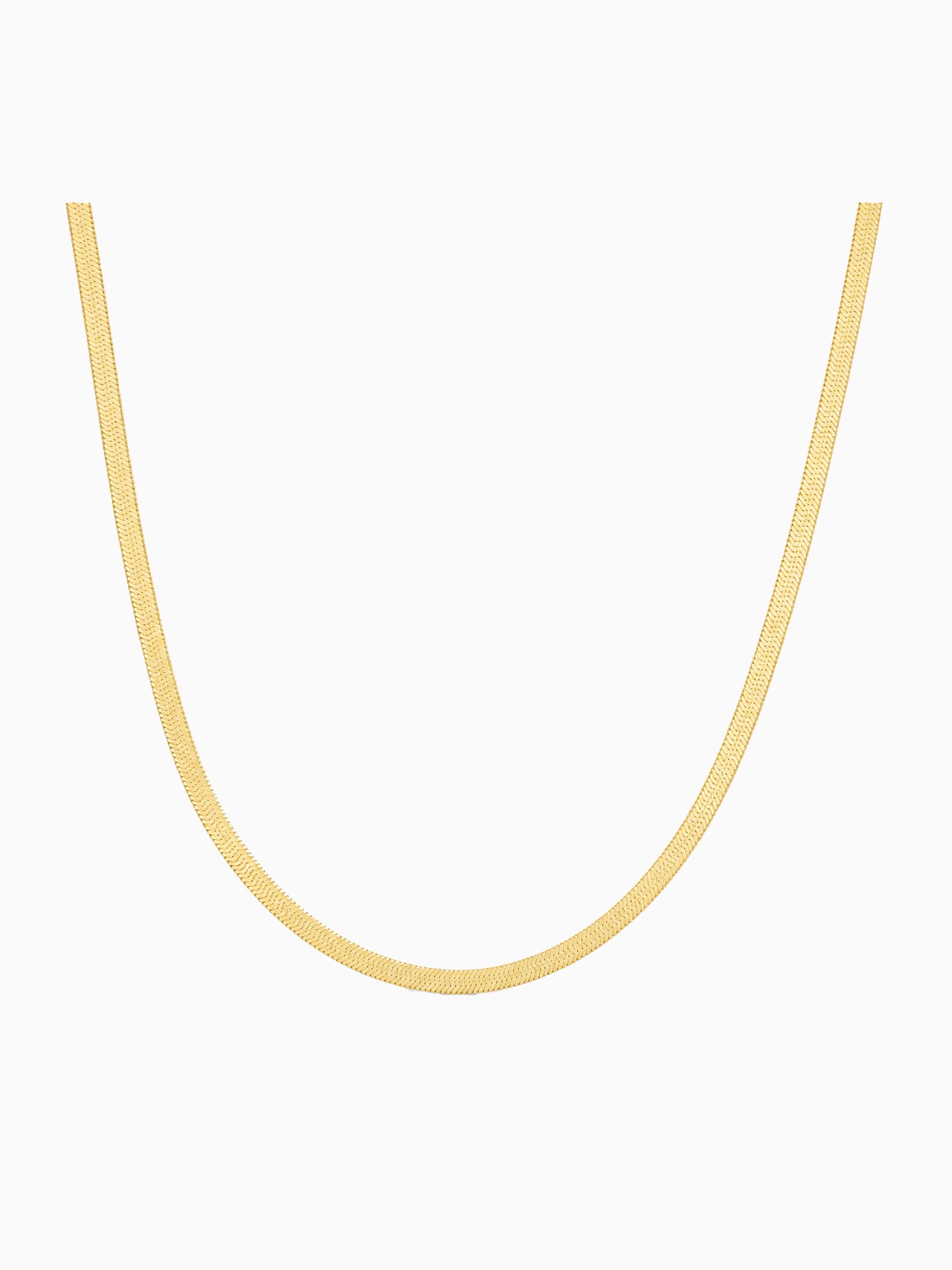 A Herringbone delicate gold chain necklace with a textured, snake-like pattern, displayed in a U-shape against a solid white background.