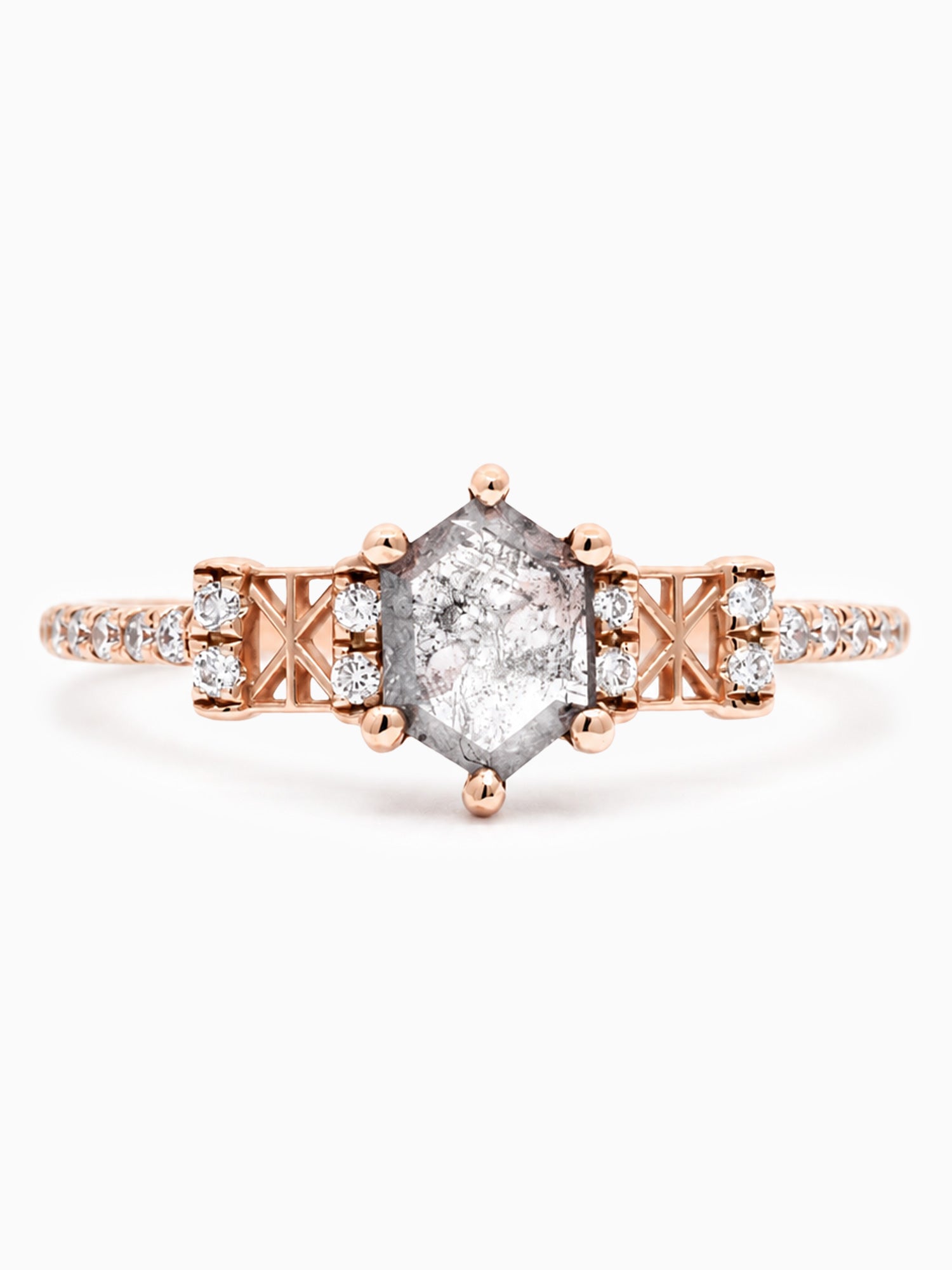 Hexagon salt and pepper diamond engagement ring fine jewelry diamond pave wedding ring