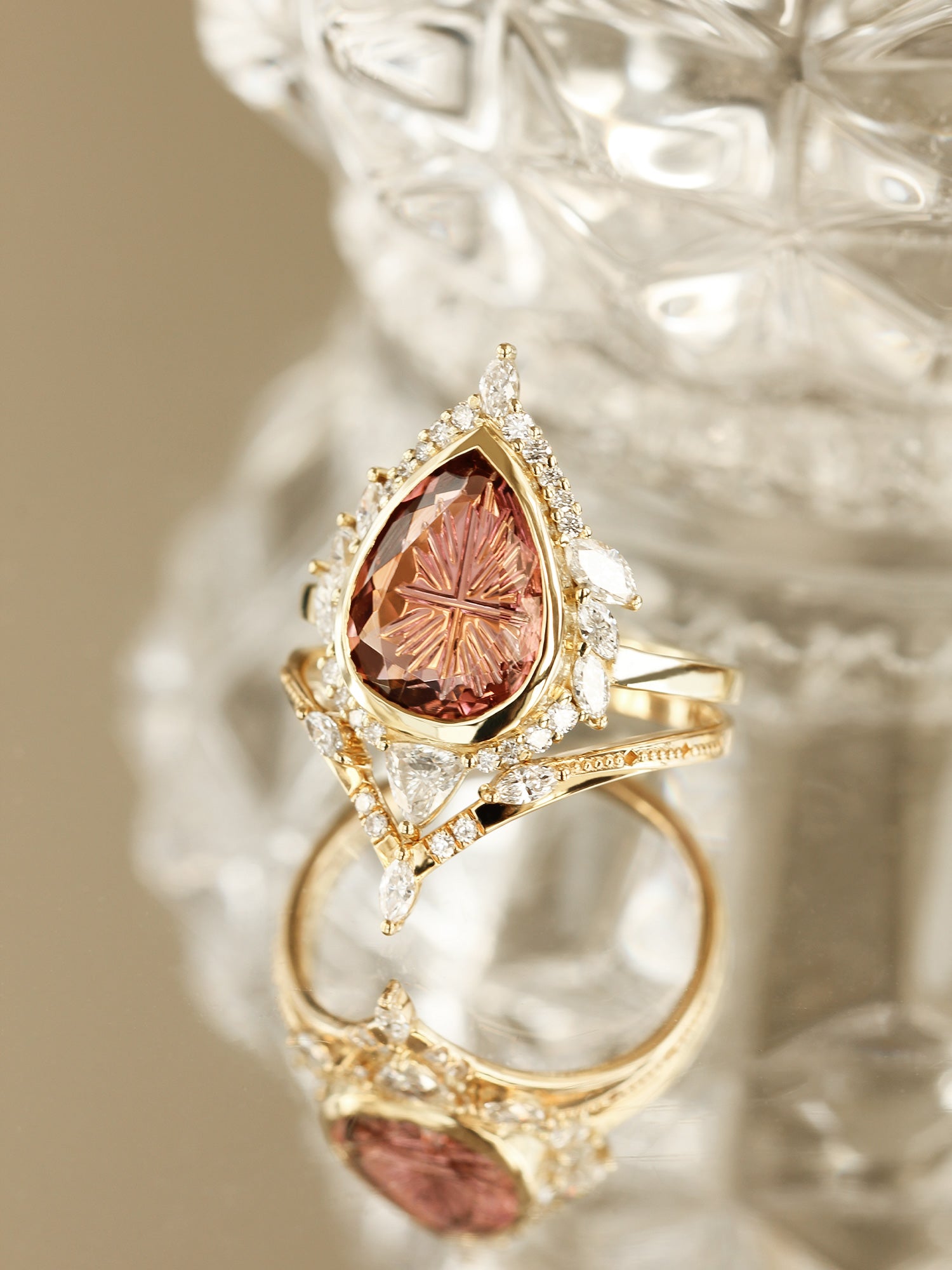 Pink Tourmaline Pear engagement ring diamond wedding ring set fine jewelry modern vintage stacking rings