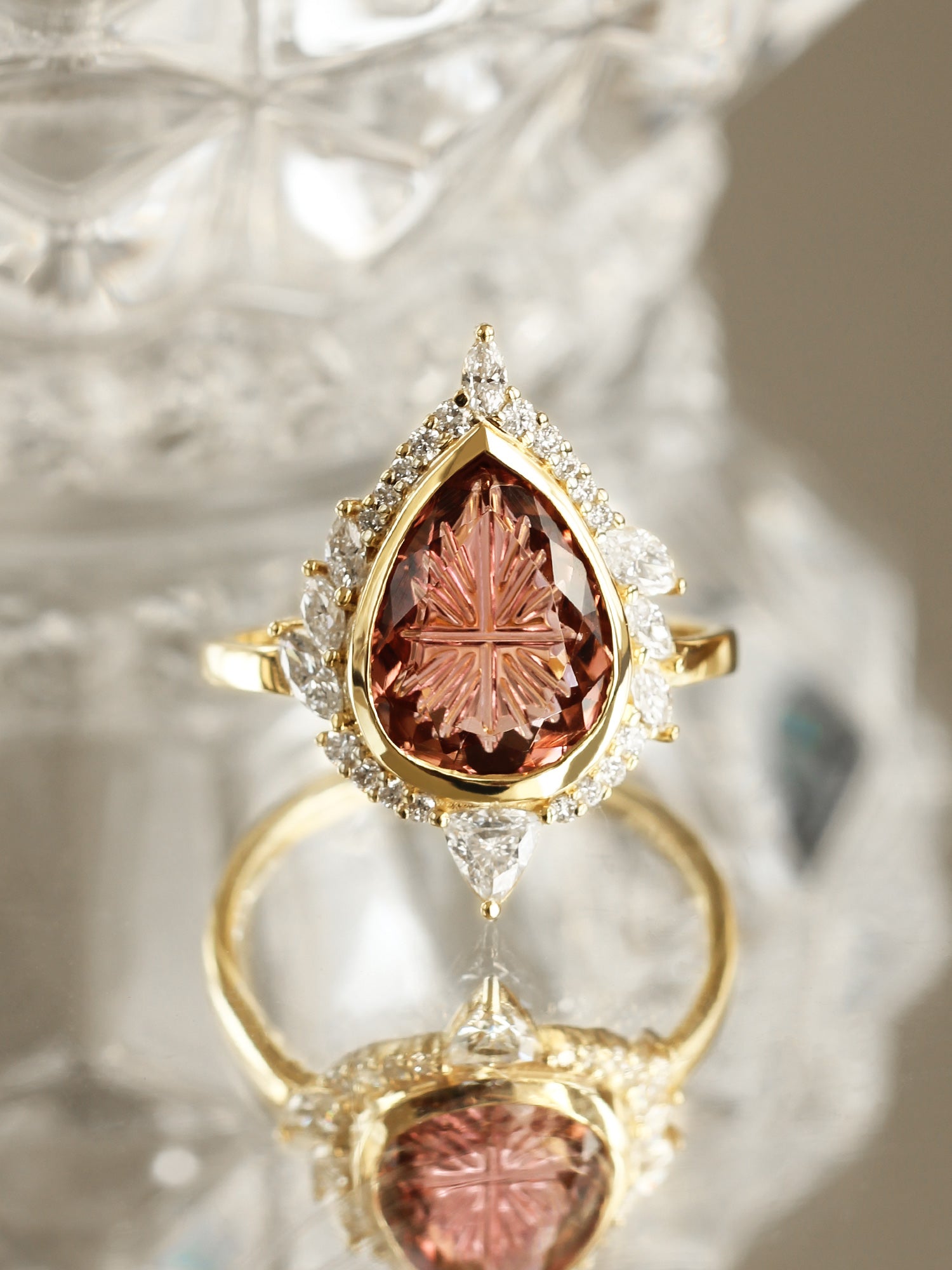 pear tourmaline engagement ring unique fantasy cut gemstone bespoken wedding ring diamond fine jewelry