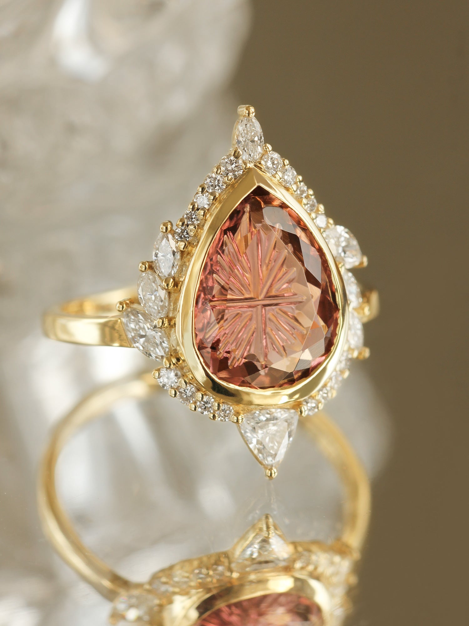 Pink Tourmaline engagement ring tear drop wedding ring diamond unique ring proposal fine jewelry