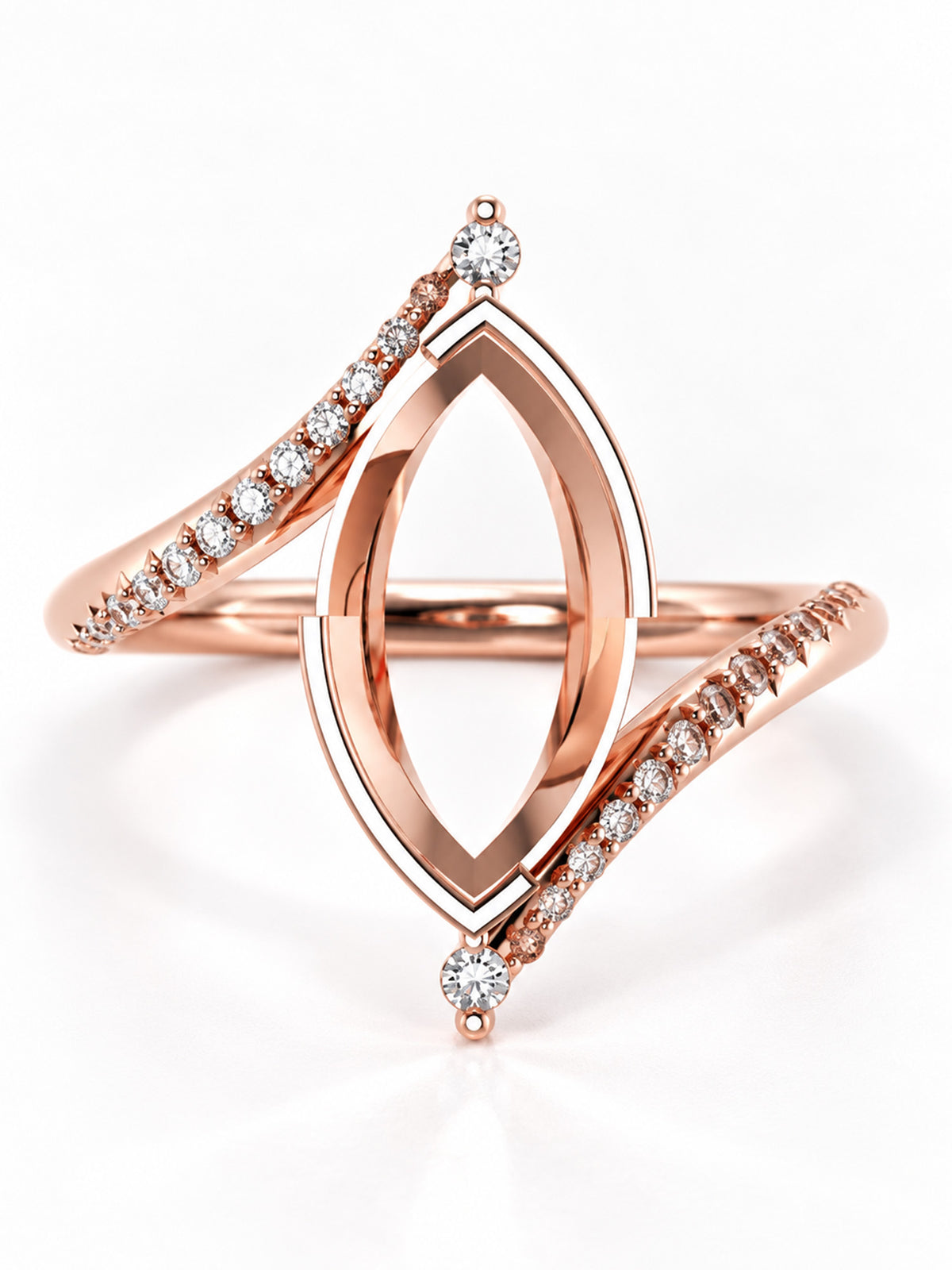 Rose gold ring with a marquise-shaped open center and diamond-set curved bands, shown on a clean white background.
