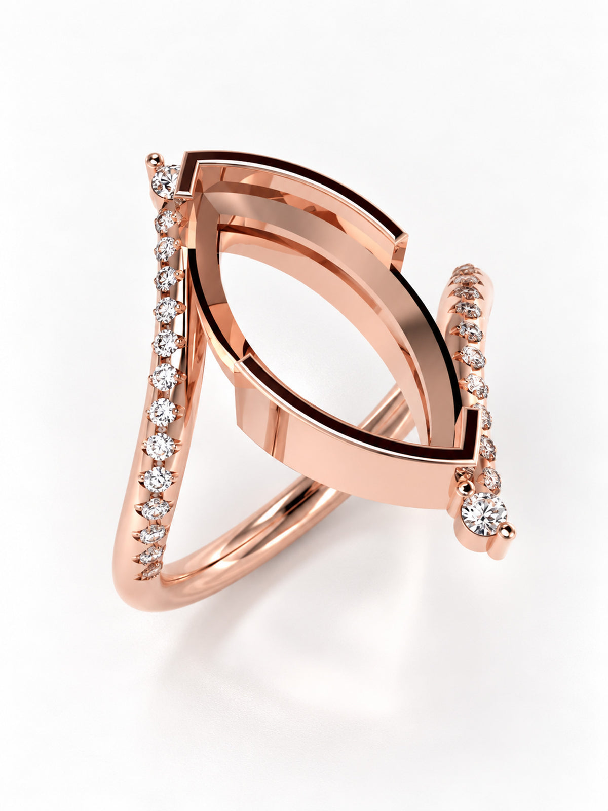 A rose gold ring with a geometric, open leaf-like design accented by small clear pavé diamonds on the sides, shown on a clean white background.