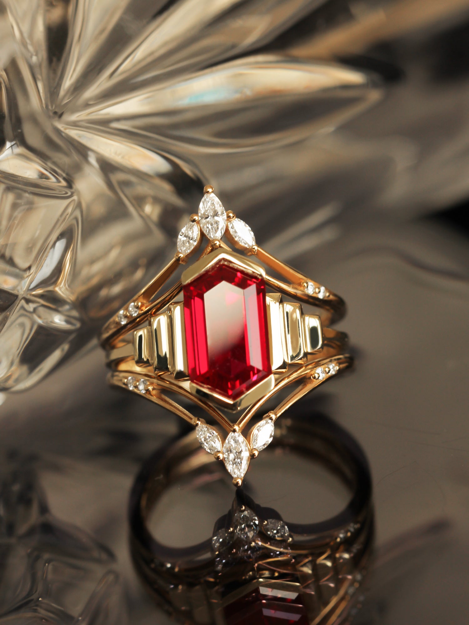 14K Yellow Gold Ruby Engagement Ring Unique Art Deco Wedding ring Fine jewelry Vintage modern ring Diamond proposal ring