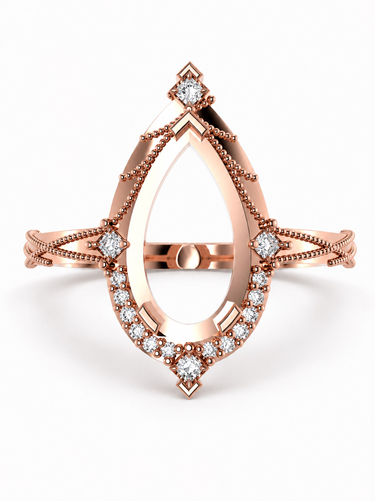 Rose gold teardrop-shaped ring with diamond accents, featuring a large open teardrop center and smaller diamond details along the band and decorative corners, shown on a white background.