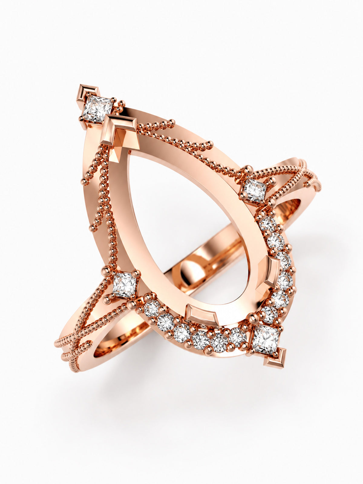 A rose gold geometric ring featuring an open, interlocking circular design adorned with pavé diamonds and milgrain detailing, shown on a clean white background.