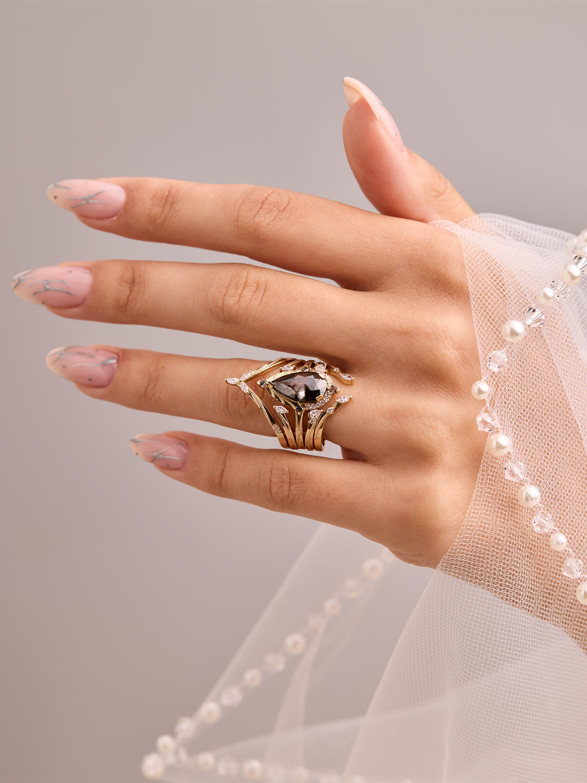 Pear salt and pepper diamond engagement ring stacking rings layered wedding band bridal jewelry