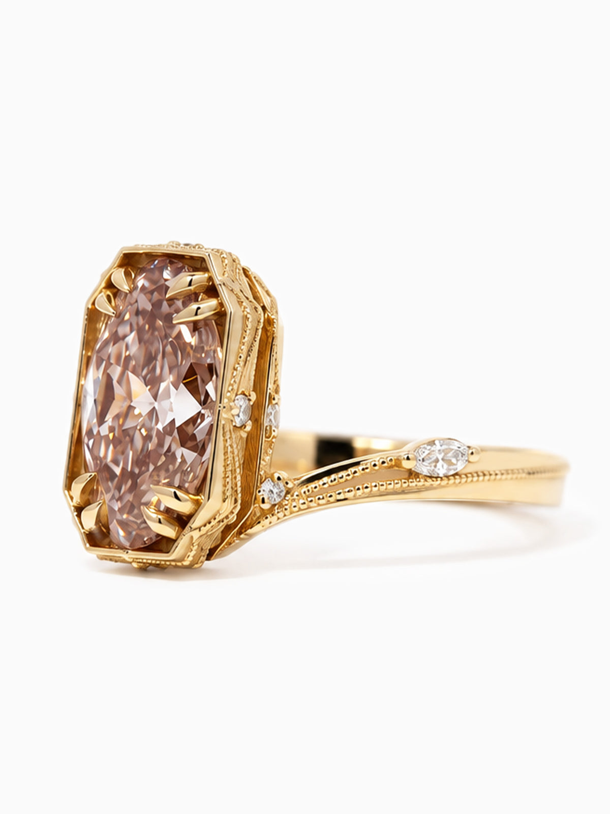14k yellow gold milgrain unique engagement ring fine jewelry modern art deco architectural wedding ring Oval brown diamond ring