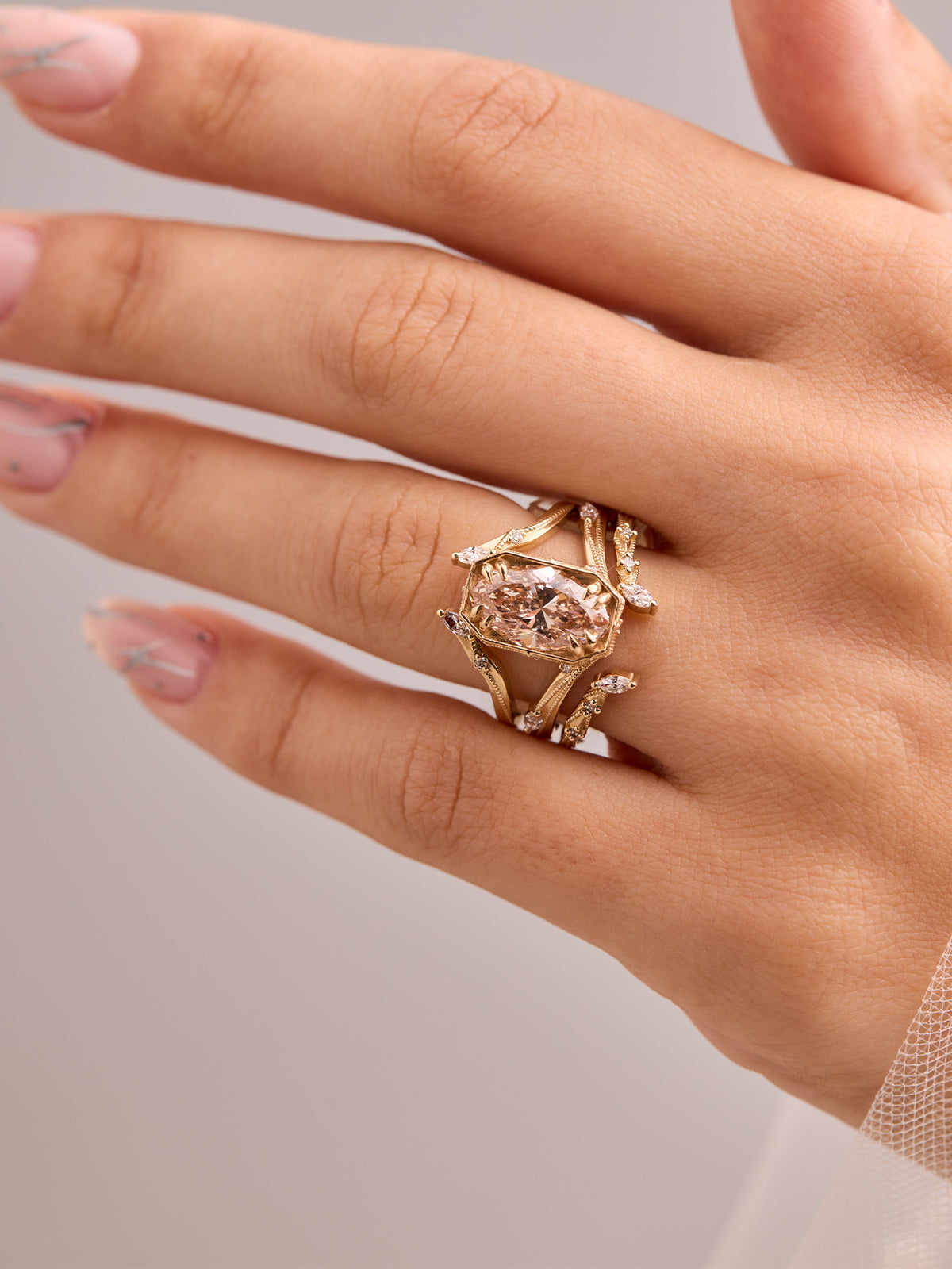 Champagne Diamond oval engagement ring fine jewelry stacking rings diamond wedding band layered fine jewelry bridal jewelry modern art deco 