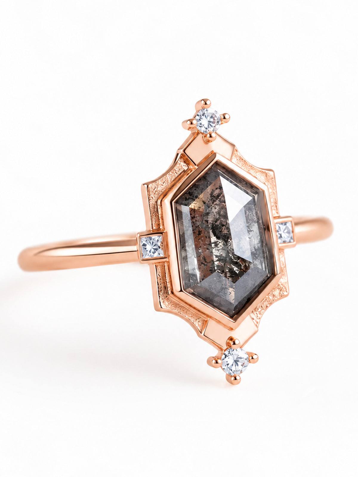 salt and pepper diamond fine jewelry 14k rose gold diamond wedding ring architectural ring proposal ring