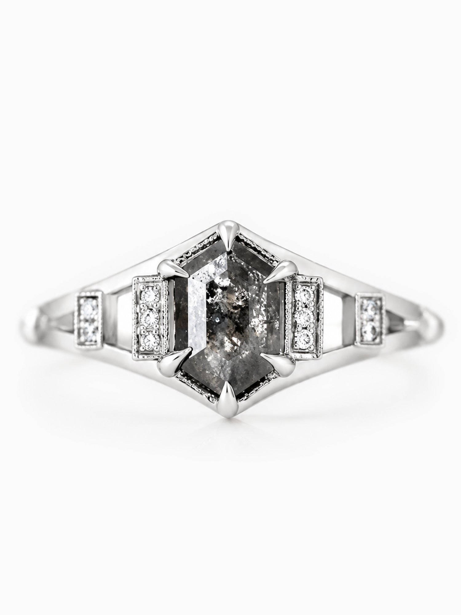 Hexagon salt and pepper diamond engagement ring wedding ring eiffel tower ring wedding band