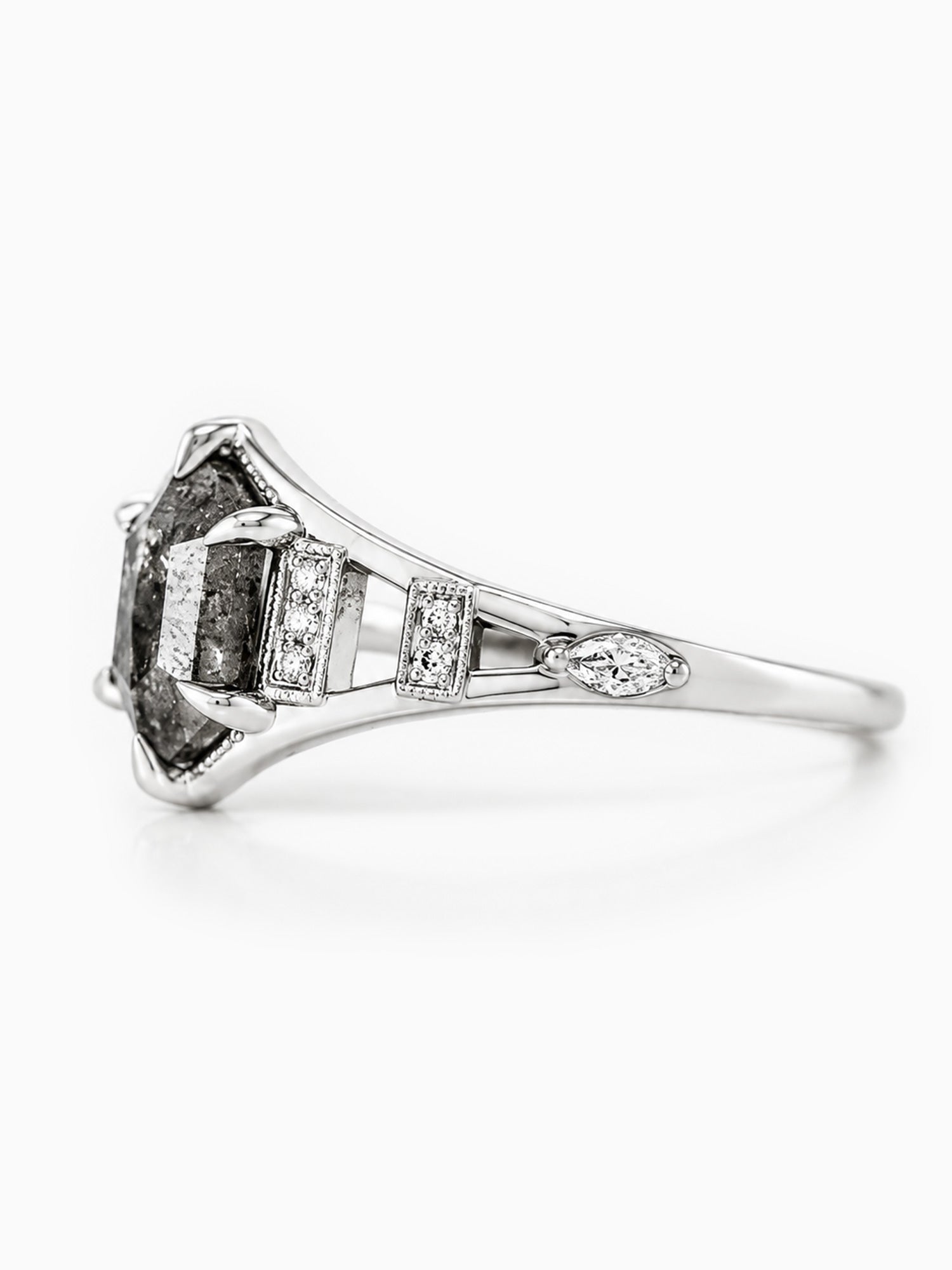 Hexagon Salt and pepper diamond engagement ring unique architectural wedding ring