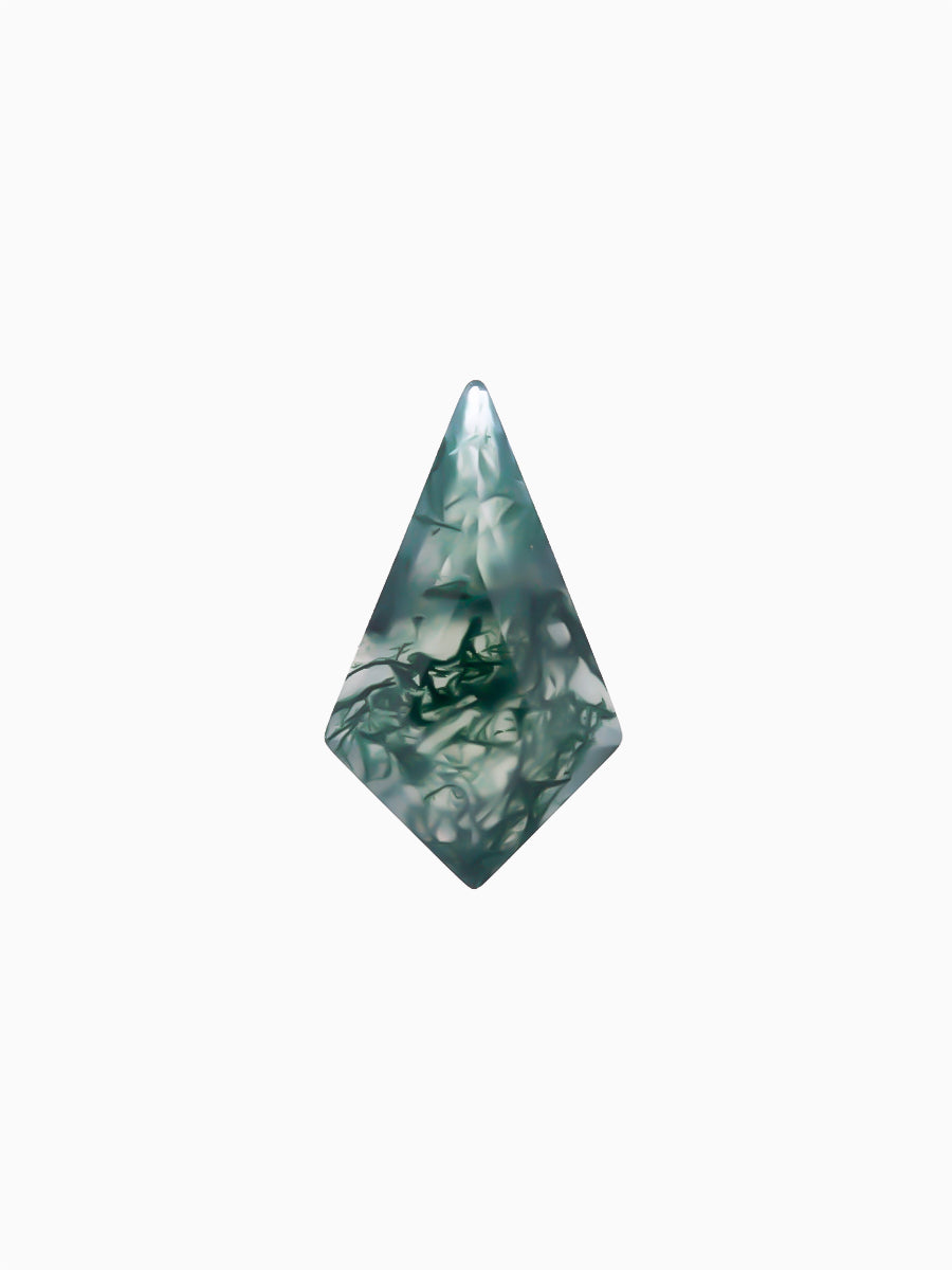 Kite-shaped loose moss agate gemstone with dendritic green inclusions on white background
