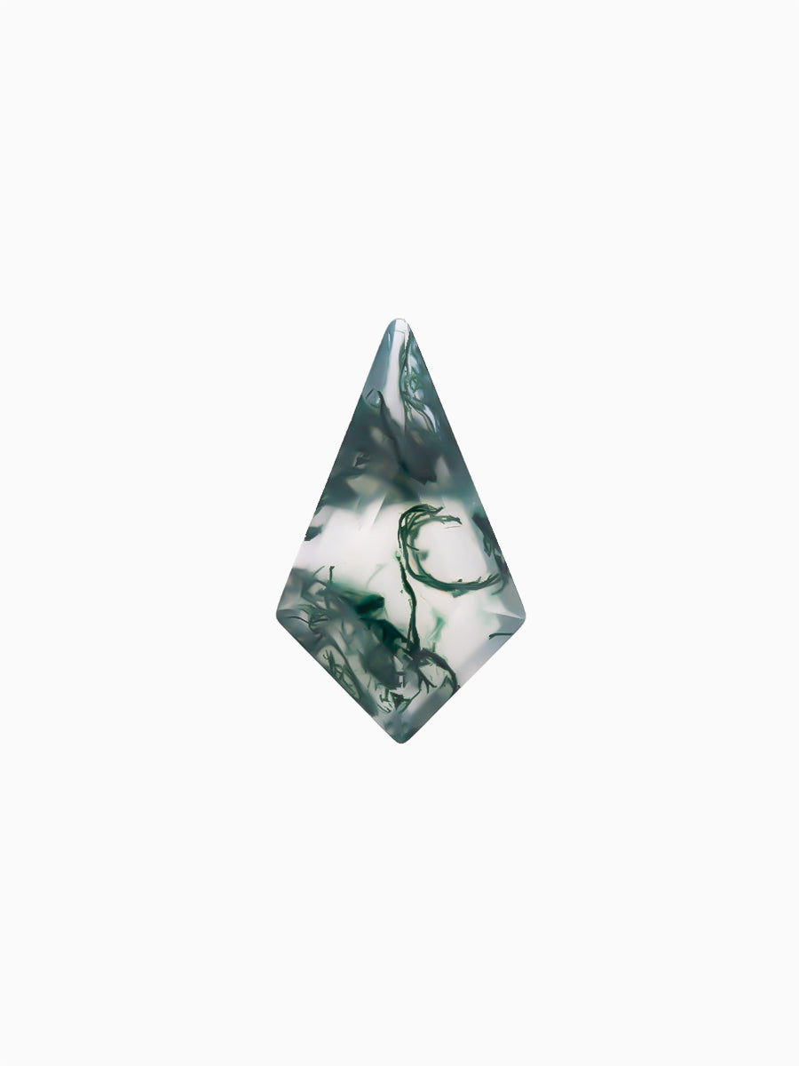 Kite-shaped loose moss agate gemstone with dendritic green inclusions on white background