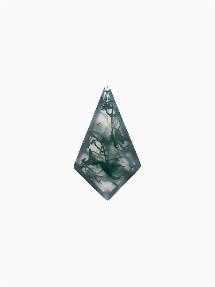Kite-shaped loose moss agate gemstone with dendritic green inclusions on white background