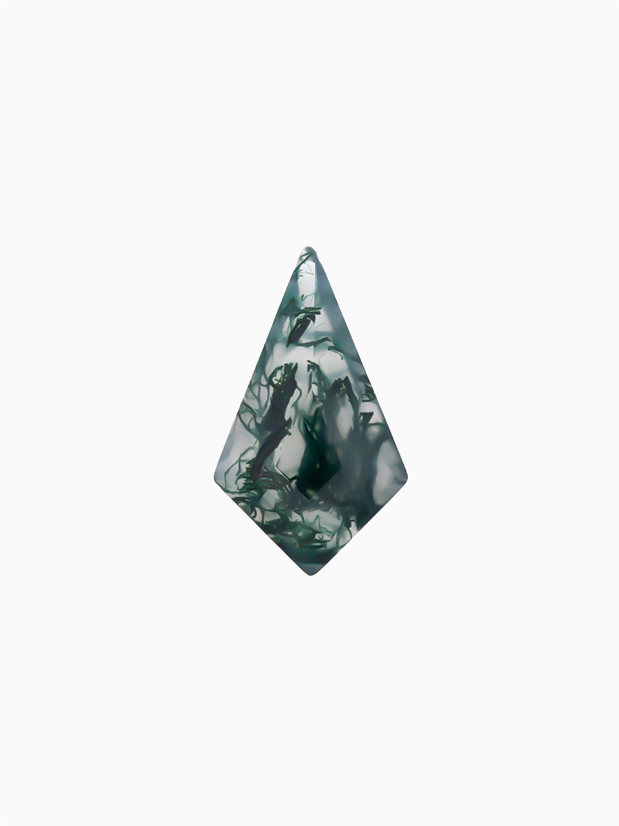 Kite-shaped loose moss agate gemstone with dendritic green inclusions on white background