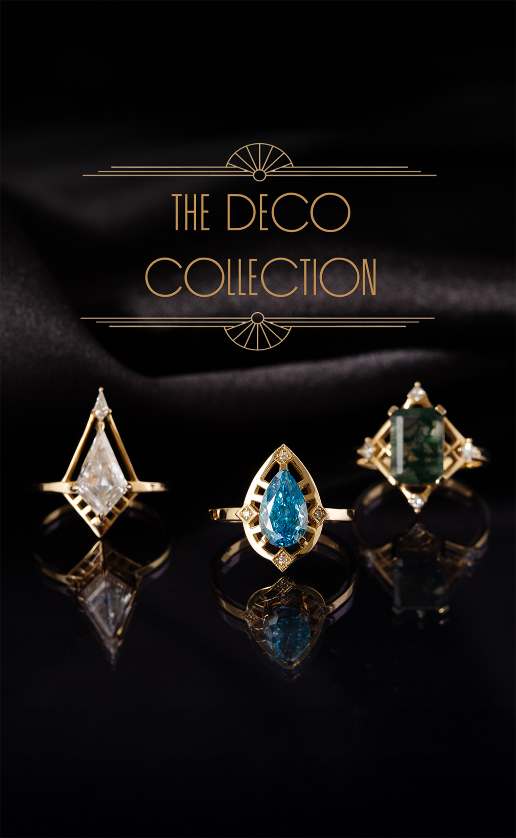 Three gold rings with different gemstones on a black background, featuring 'The Deco Collection' text.