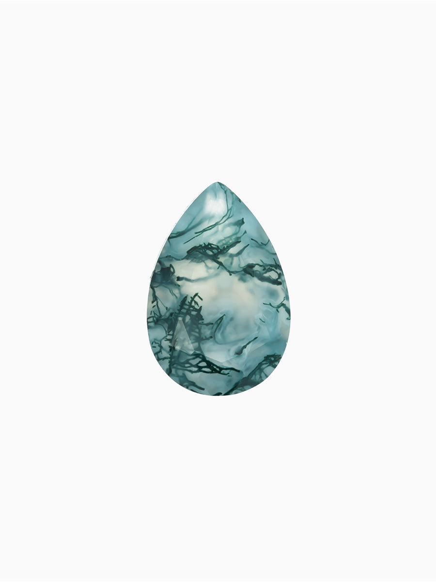 blue-green moss agate pear with dendritic inclusions on white background