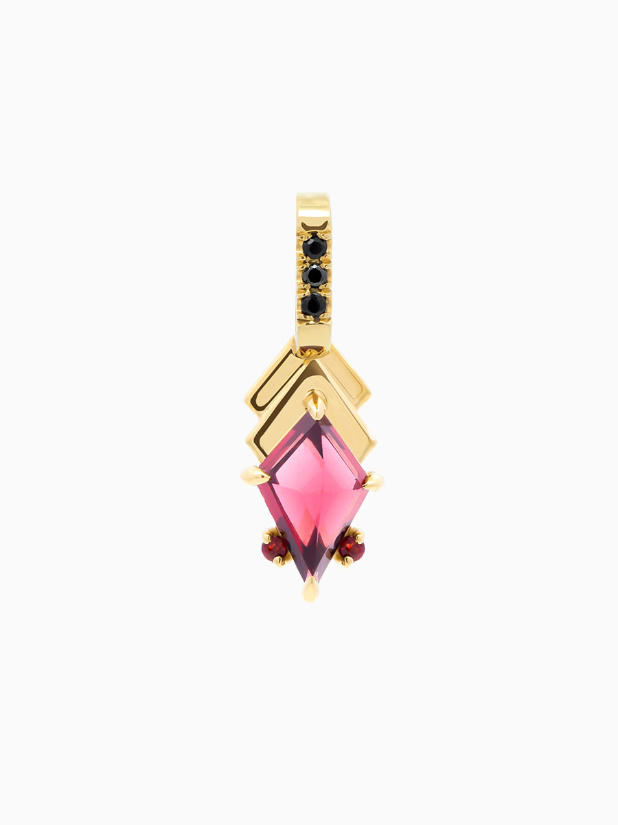 Stepped Chevron Charm in yellow gold with pink spinel kite, garnet accents, and black onyx bale on white background.