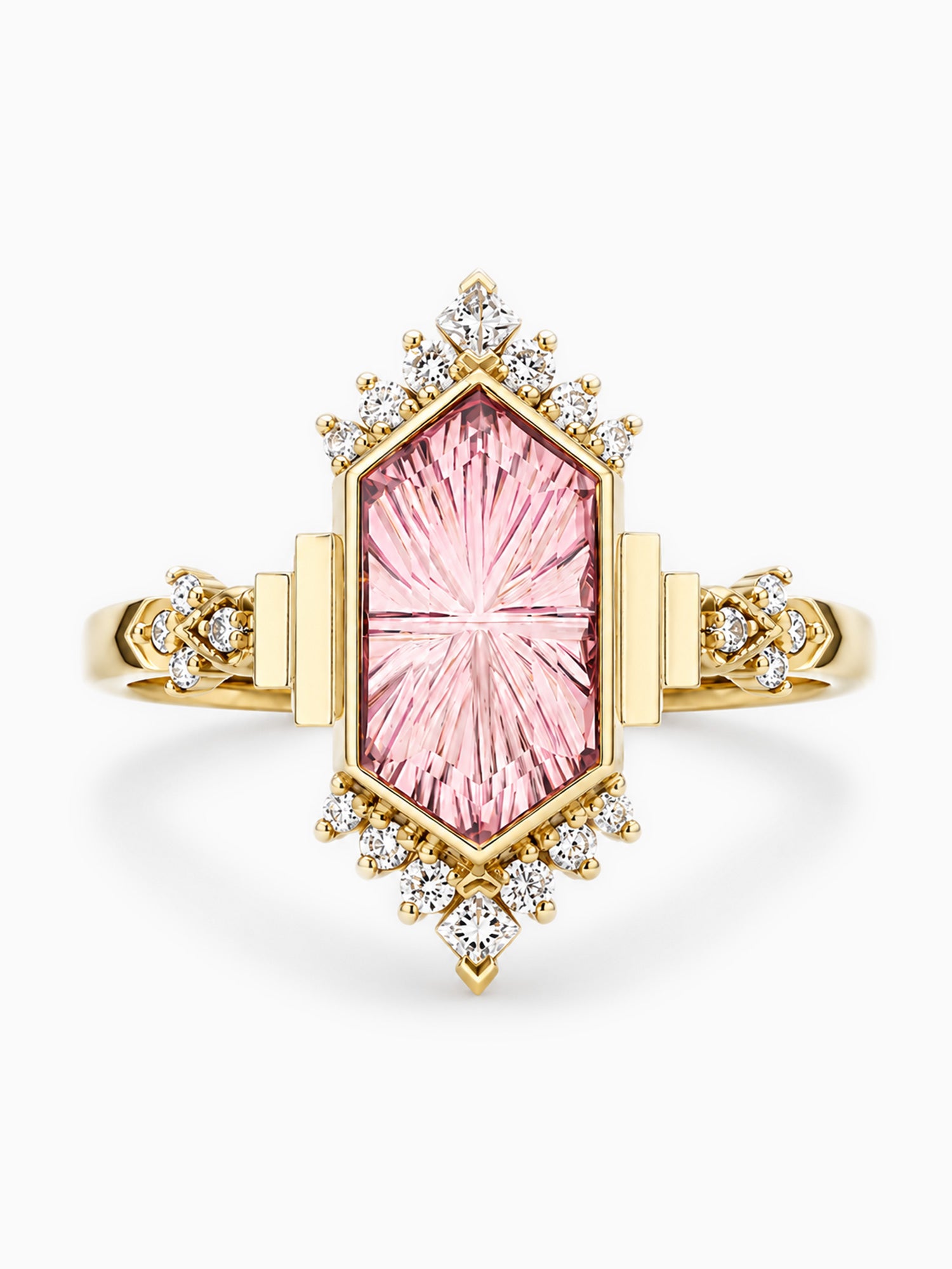 Gold ring with a pink gemstone and diamond accents on a white background