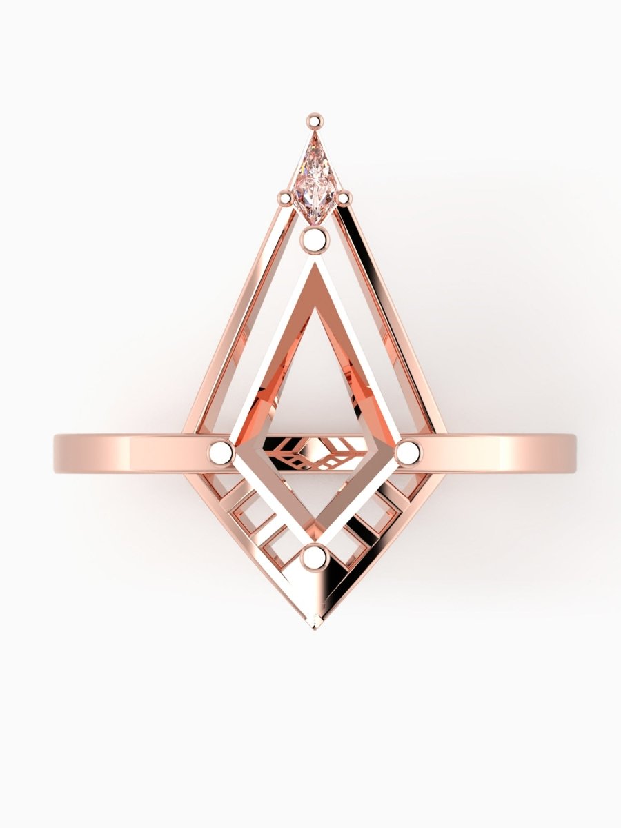 Rose gold geometric ring with a central diamond on a white background