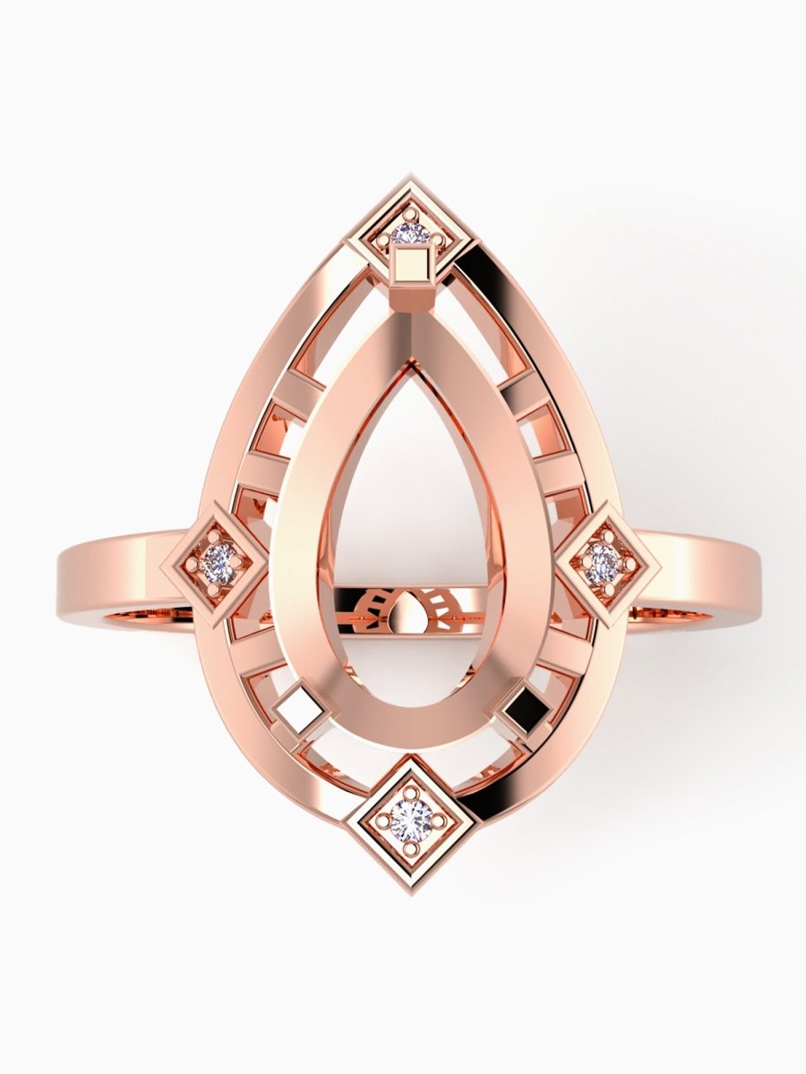 Rose gold ring with diamond accents on a white background