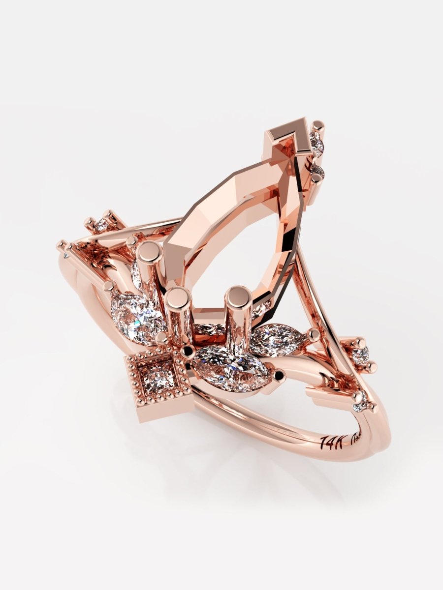 intricate rose gold pear ring without center stone side view