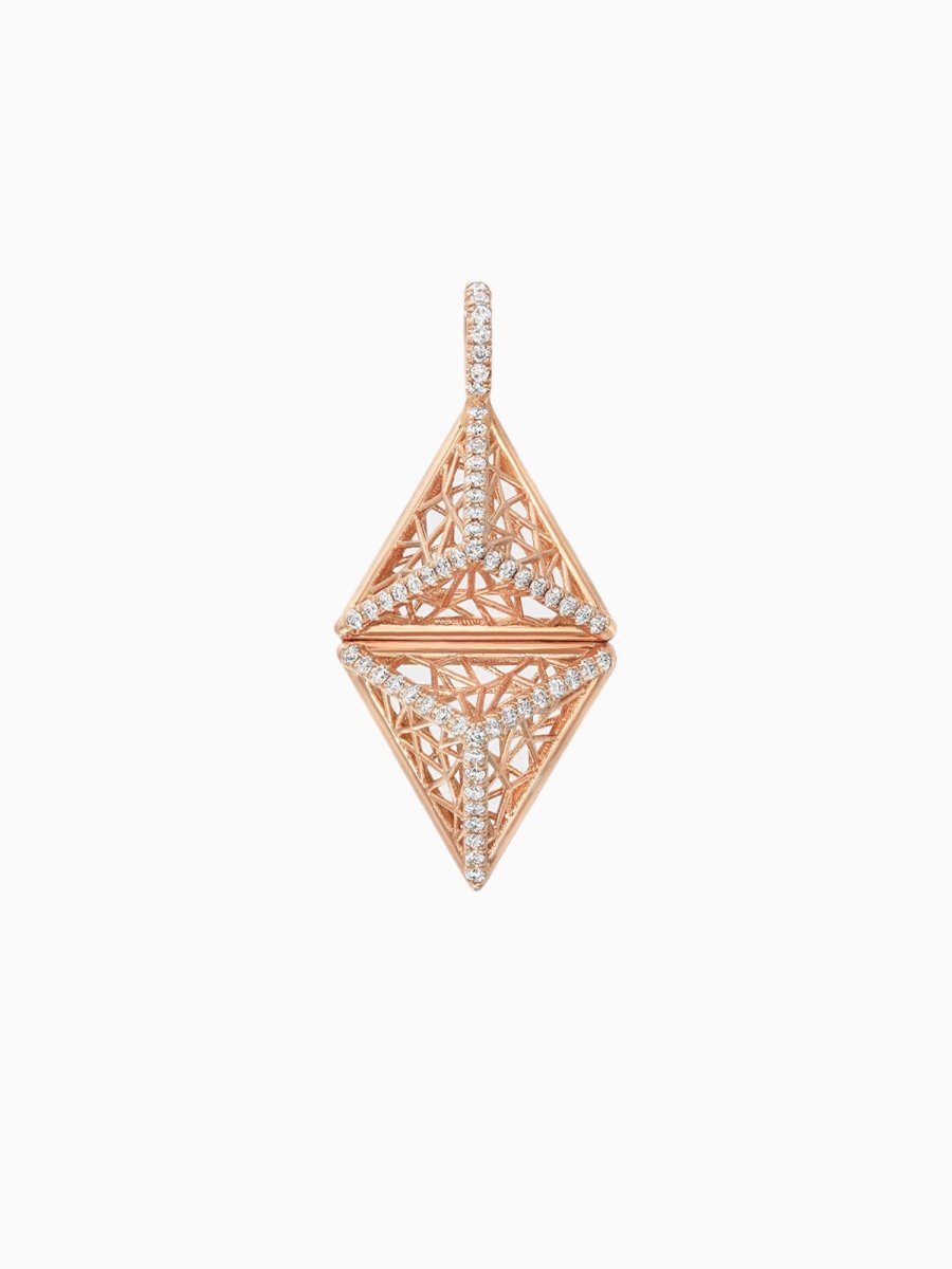 A rose gold-colored 3-D pyramid-shaped charm adorned with diamonds.