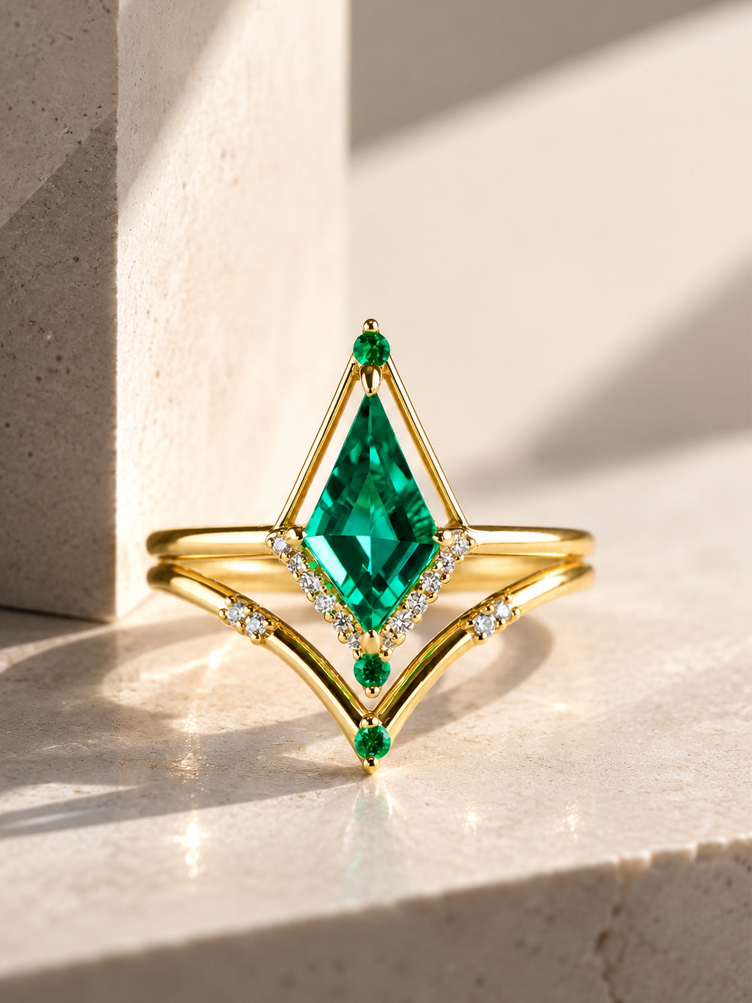 Emerald kite engagement ring 14k yellow gold concept photo fine jewelry wedding ring set