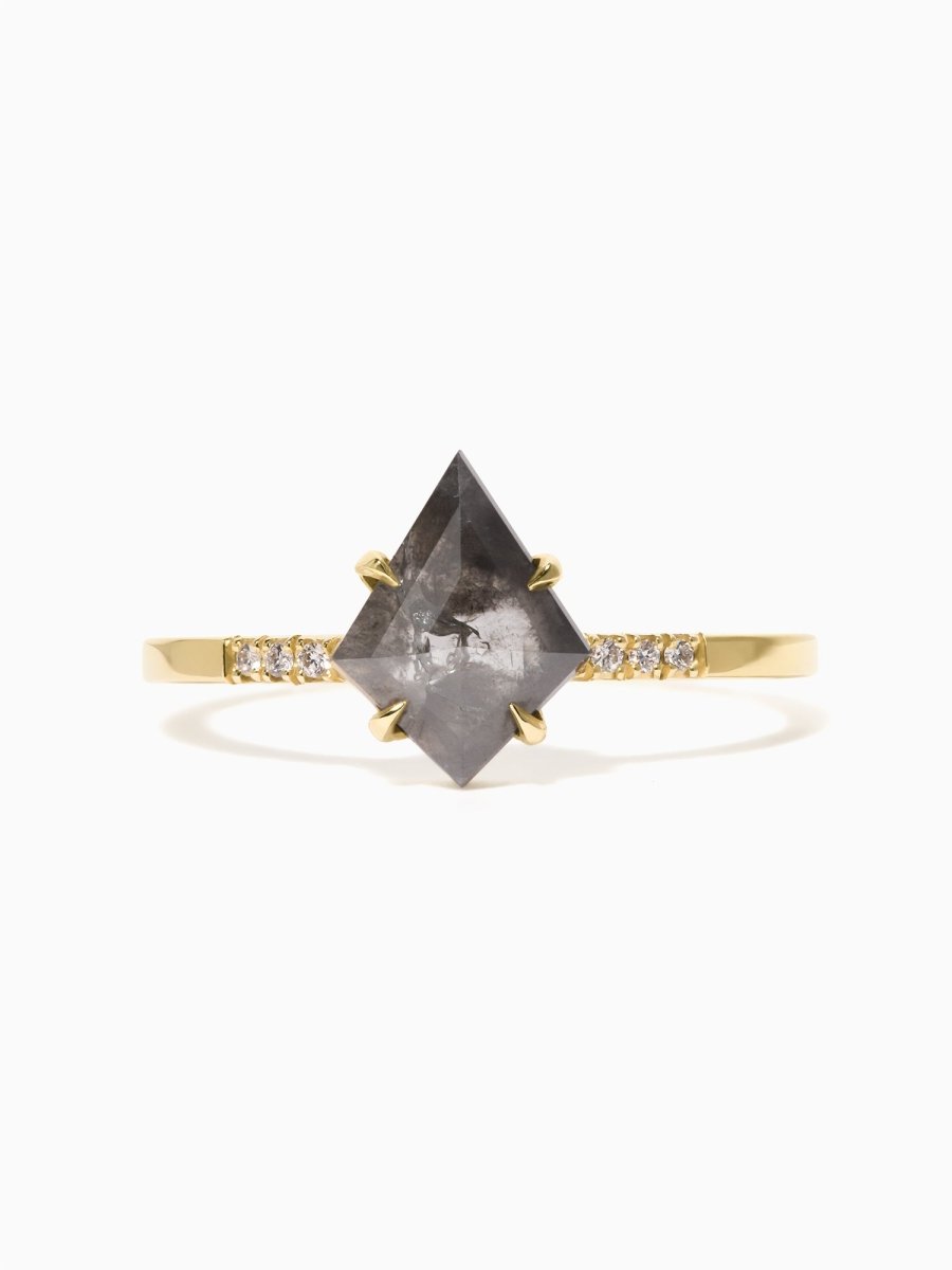 Kite salt and pepper diamond engagement ring with six petite side diamonds on a sleek gold band, top view