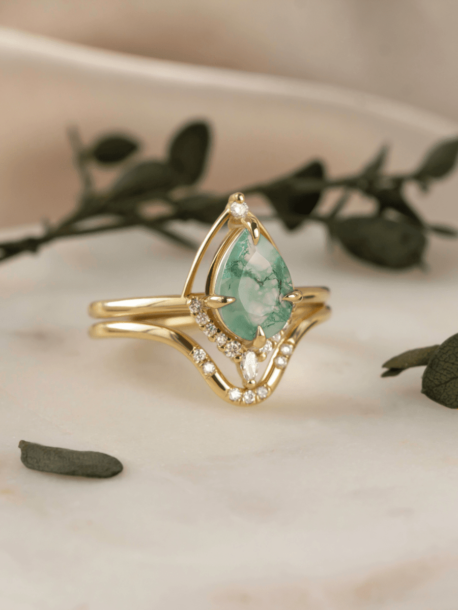 [Ready - to - Ship] Eliana Ring & Band (Moss Agate) - HIDDENSPACE