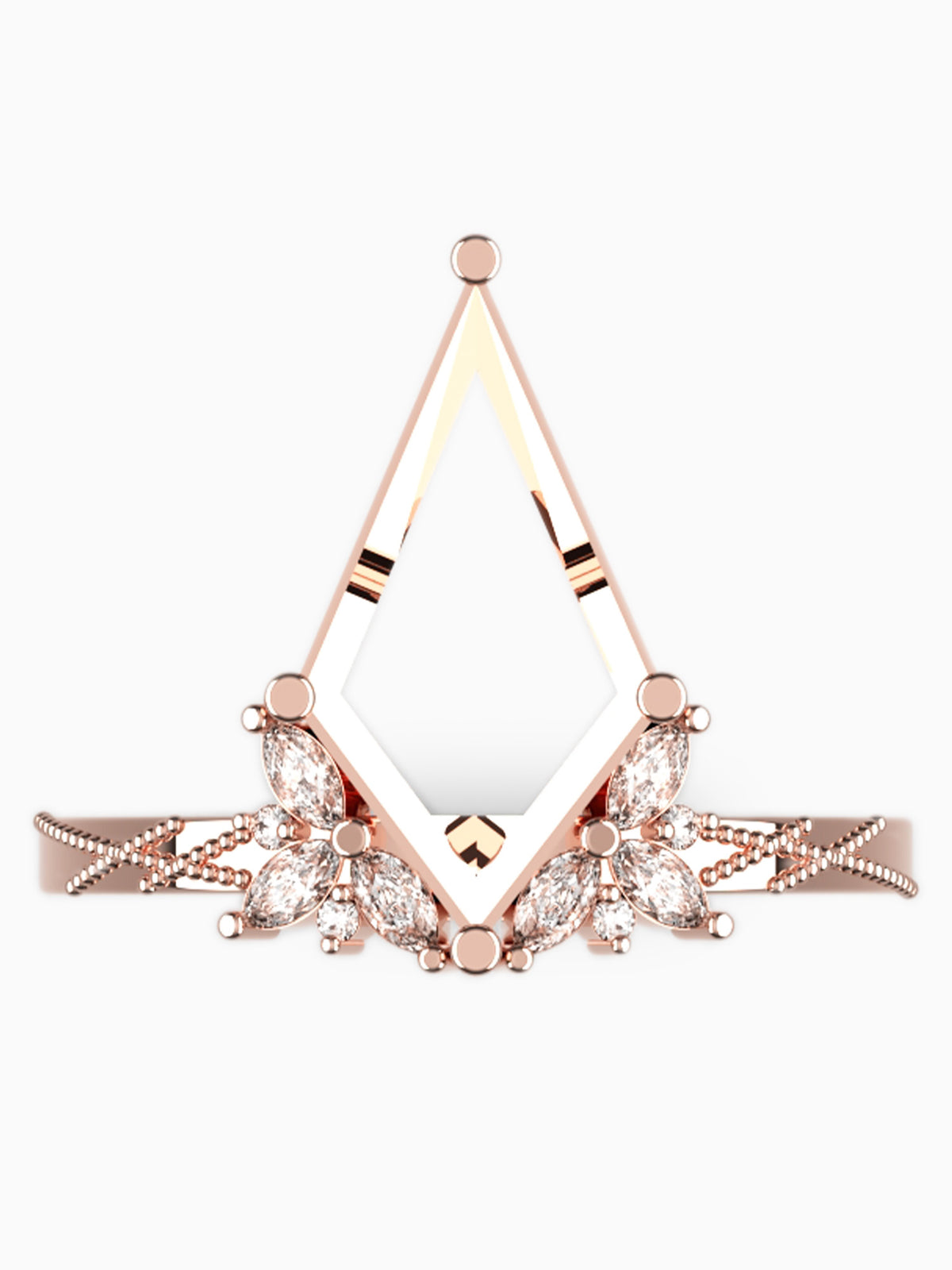 Rose gold geometric headband with clear marquise and round crystals, featuring a symmetrical diamond and leaf design on a white background.