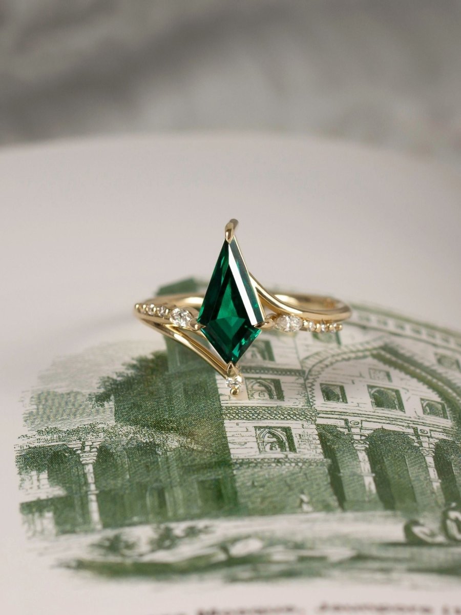Renee Ring HiddenSpace Jewelry Emerald Kite 14k Yellow Gold Engagement Ring with Asymmetrical Slope Design Inspired by Art Deco Architecture Round Melee Diamonds Marquise Diamond Prong Setting