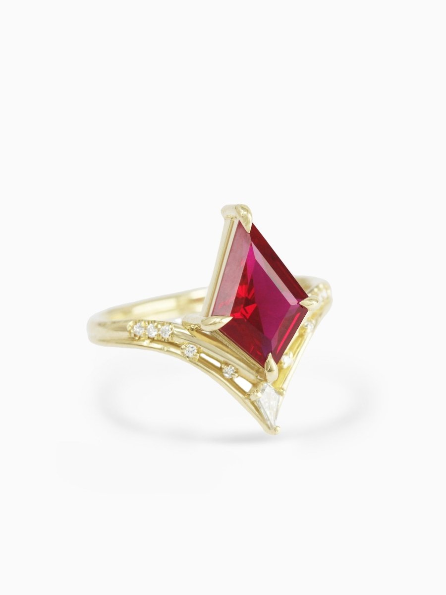 Hiddenspace Engagement Ring Ruby Center Stone 14k Yellow Gold Scarlett Band Maeve Band Alternative Engagement Ring Diamond Alternative Red Wedding Ring Stack Engagement Ring Stack Intricate Engagement Ring Art Deco Inspired Architecture Inspired White Melee Diamonds Prong Setting Kite Shaped Ruby Center Stone