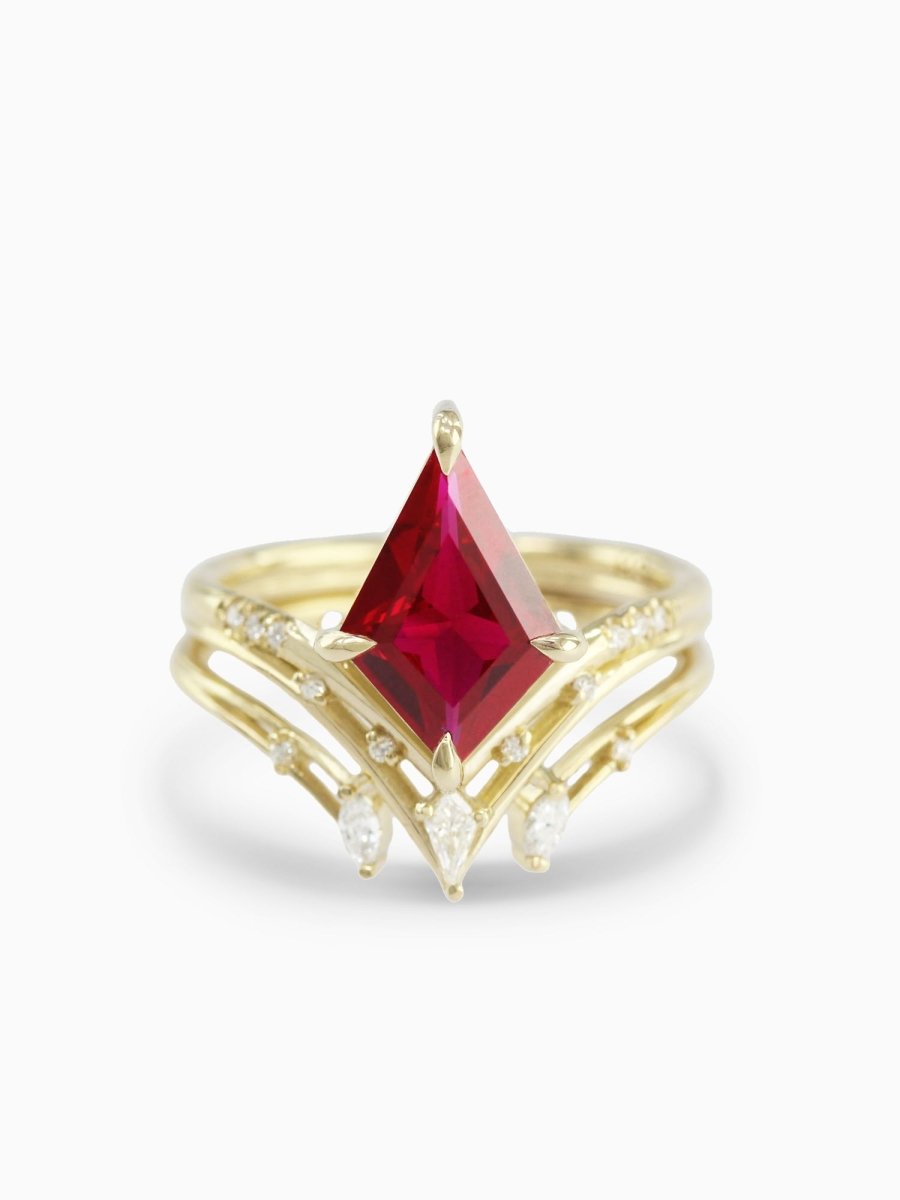 Hiddenspace Engagement Ring Ruby Center Stone 14k Yellow Gold Scarlett Band Maeve Band Alternative Engagement Ring Diamond Alternative Red Wedding Ring Stack Engagement Ring Stack Intricate Engagement Ring Art Deco Inspired Architecture Inspired White Melee Diamonds Prong Setting Kite Shaped Ruby Center Stone