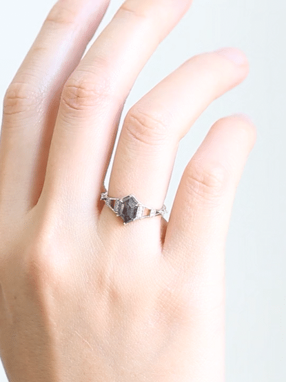 Hiddenspace jewelry eiffel ring engagement ring art deco architectural design diamond proposal ring salt and pepper diamond hexagon ring unique ring